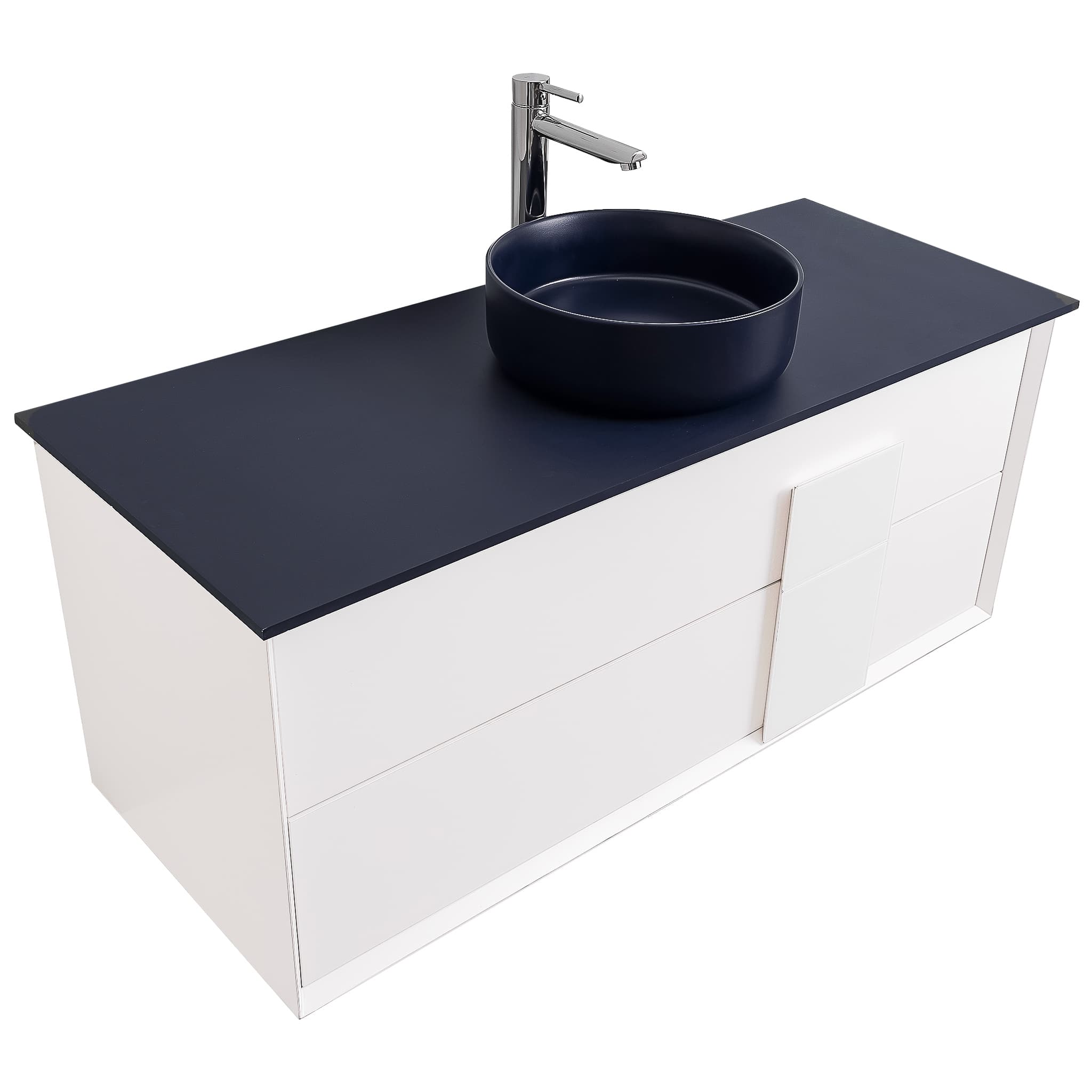 Piazza 47.5 Matte White With White Handle Cabinet, Ares Navy Blue Top and Ares Navy Blue Ceramic Basin, Wall Mounted Modern Vanity Set