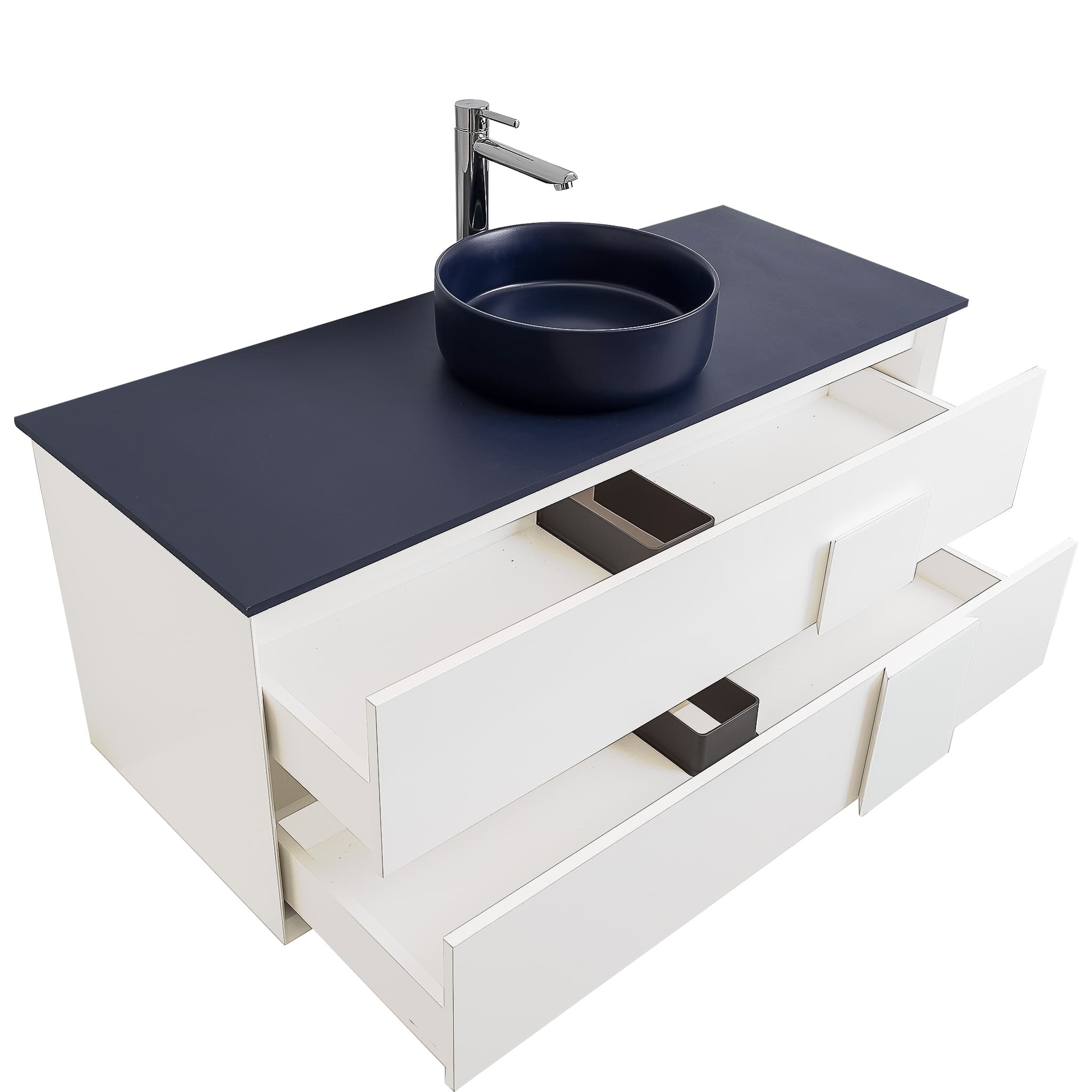 Piazza 47.5 Matte White With White Handle Cabinet, Ares Navy Blue Top and Ares Navy Blue Ceramic Basin, Wall Mounted Modern Vanity Set