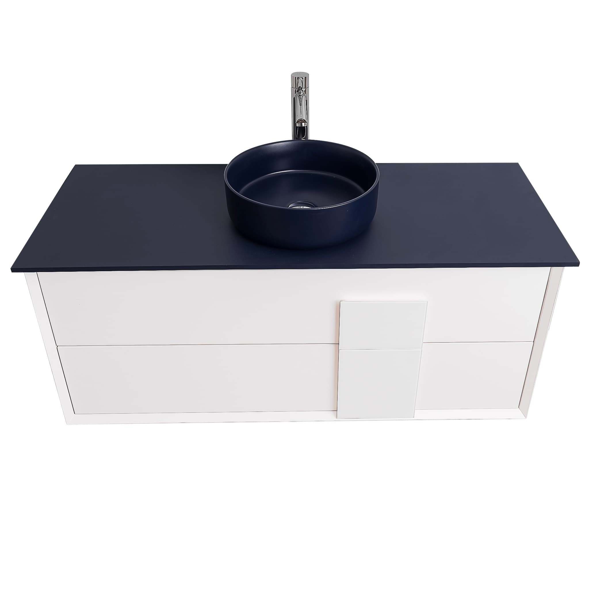 Piazza 47.5 Matte White With White Handle Cabinet, Ares Navy Blue Top and Ares Navy Blue Ceramic Basin, Wall Mounted Modern Vanity Set