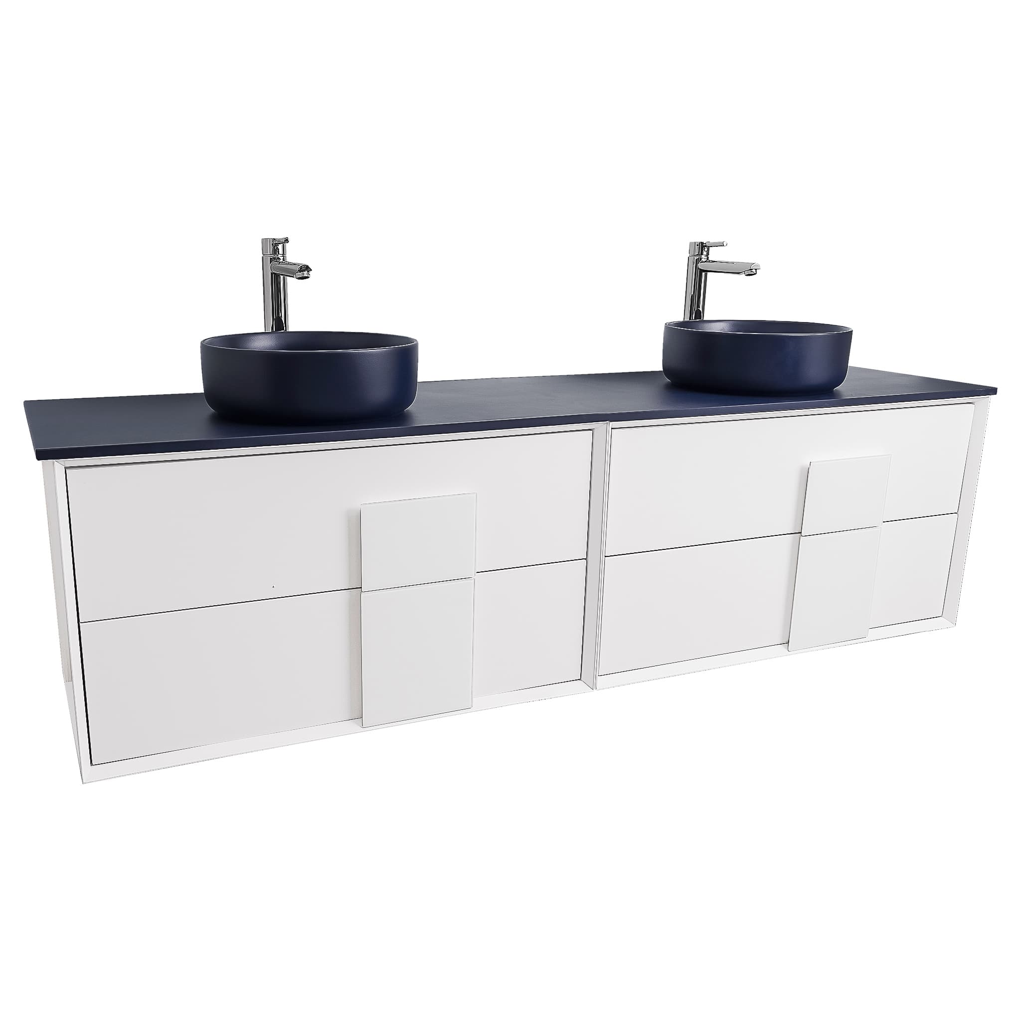 Piazza 63 Matte White With White Handle Cabinet, Ares Navy Blue Top and Two Ares Navy Blue Ceramic Basin, Wall Mounted Modern Vanity Set