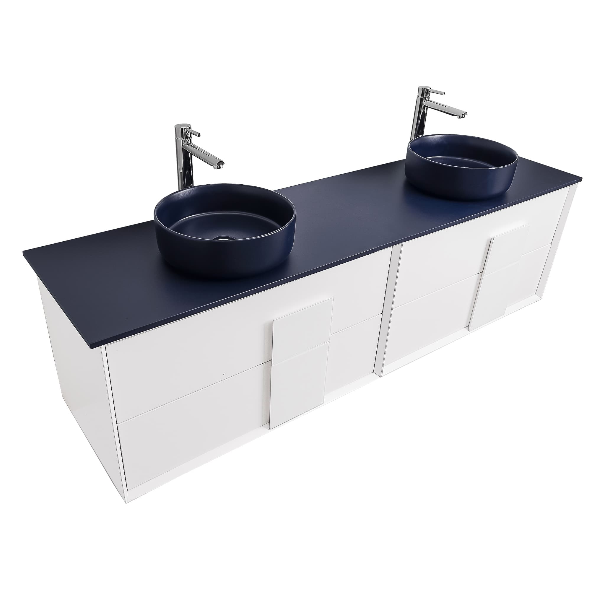 Piazza 63 Matte White With White Handle Cabinet, Ares Navy Blue Top and Two Ares Navy Blue Ceramic Basin, Wall Mounted Modern Vanity Set