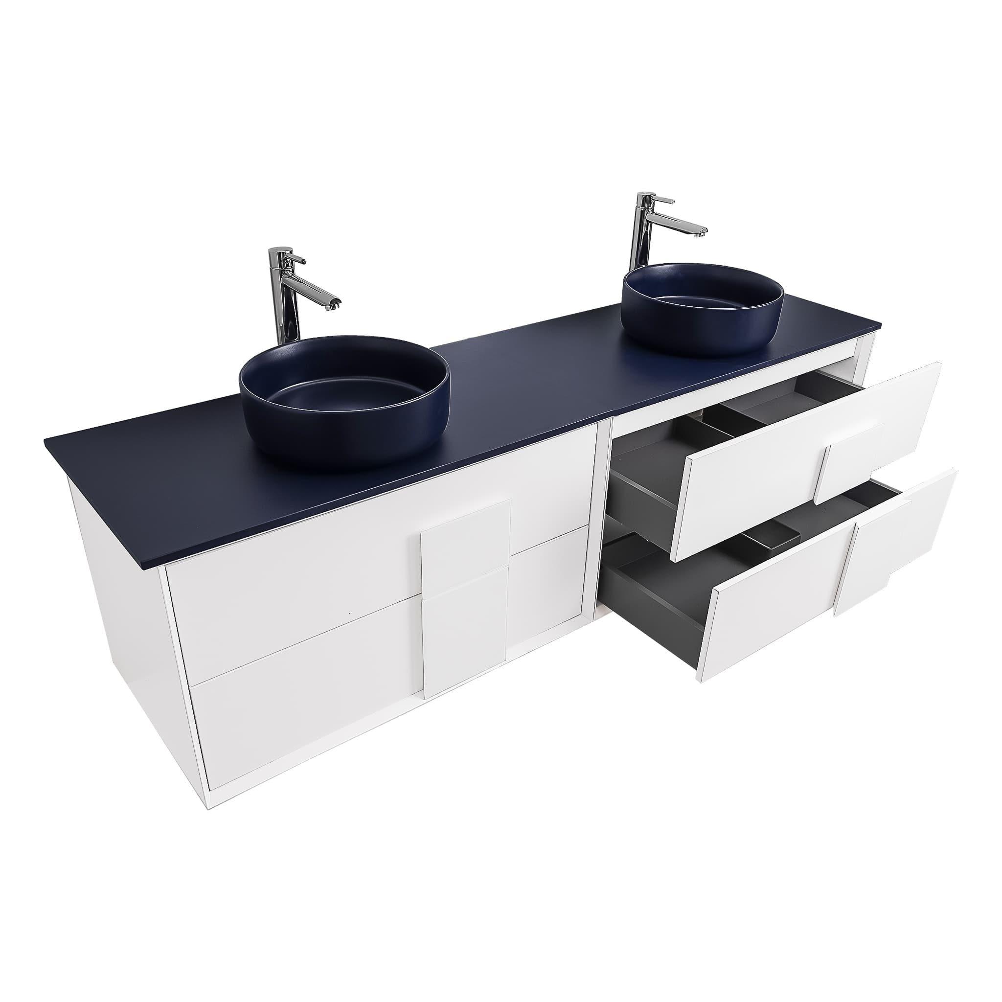 Piazza 63 Matte White With White Handle Cabinet, Ares Navy Blue Top and Two Ares Navy Blue Ceramic Basin, Wall Mounted Modern Vanity Set