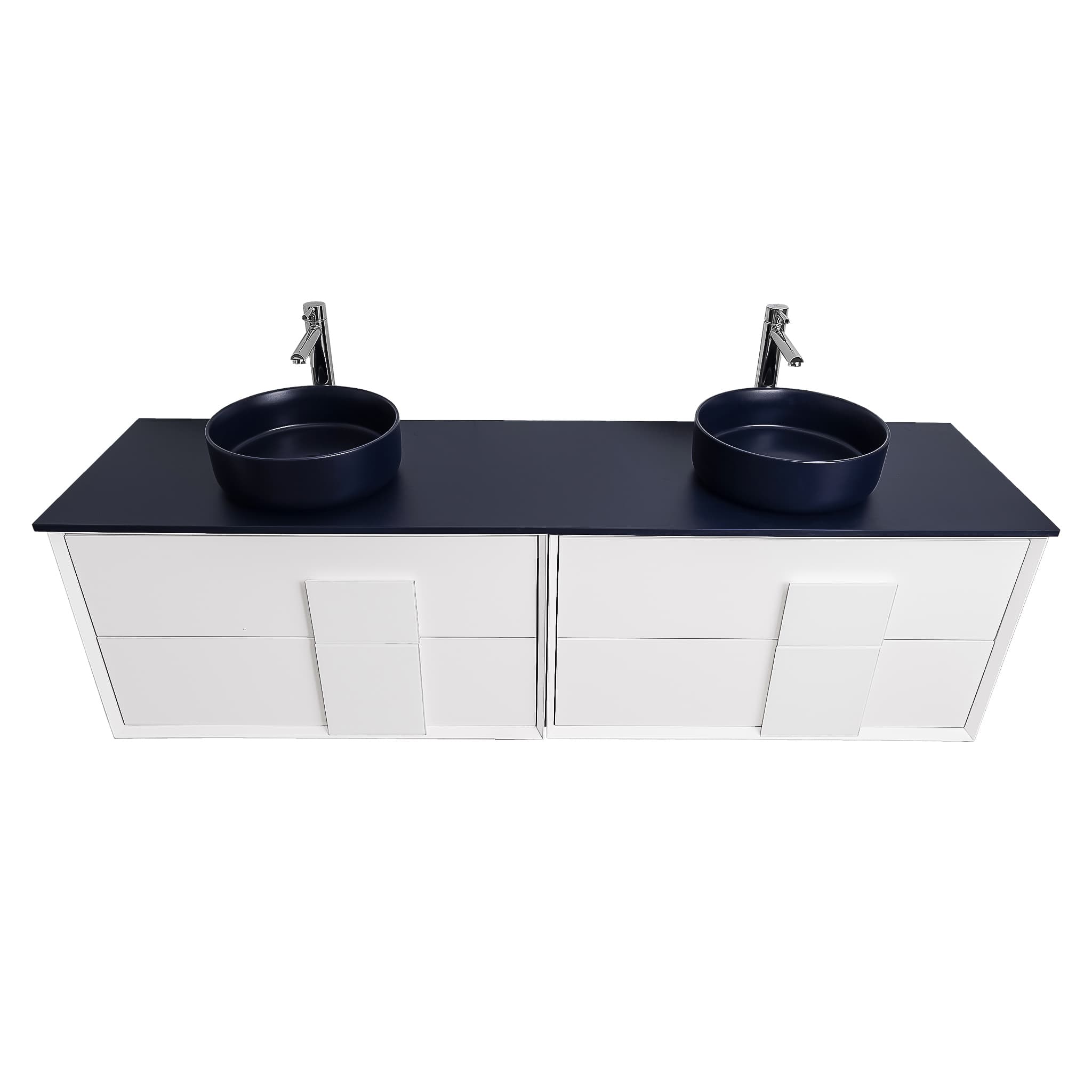 Piazza 63 Matte White With White Handle Cabinet, Ares Navy Blue Top and Two Ares Navy Blue Ceramic Basin, Wall Mounted Modern Vanity Set