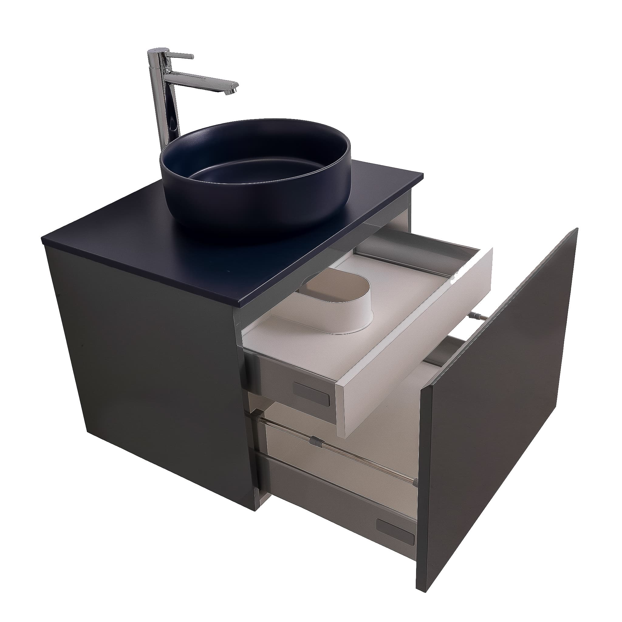 Venice 23.5 Anthracite High Gloss Cabinet, Ares Navy Blue Top And Ares Navy Blue Ceramic Basin, Wall Mounted Modern Vanity Set