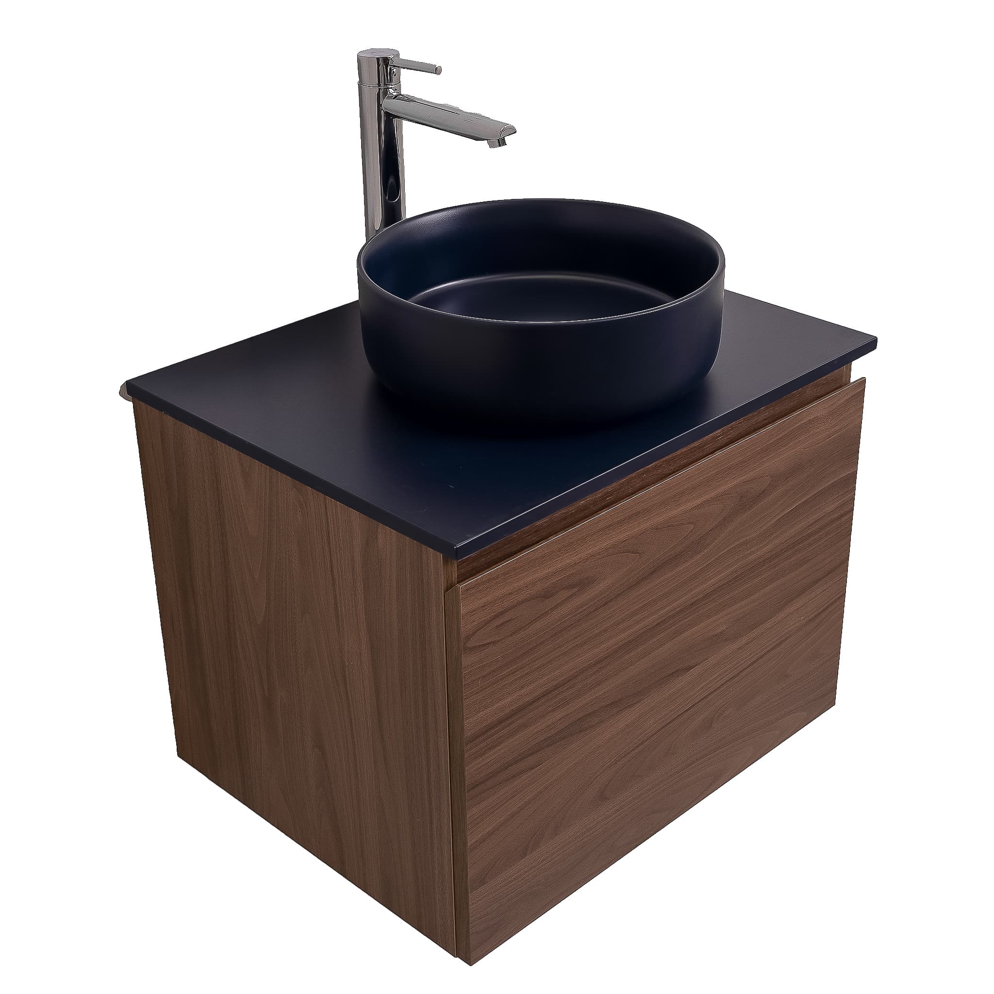 Venice 23.5 Walnut Wood Texture Cabinet, Ares Navy Blue Top And Ares Navy Blue Ceramic Basin, Wall Mounted Modern Vanity Set