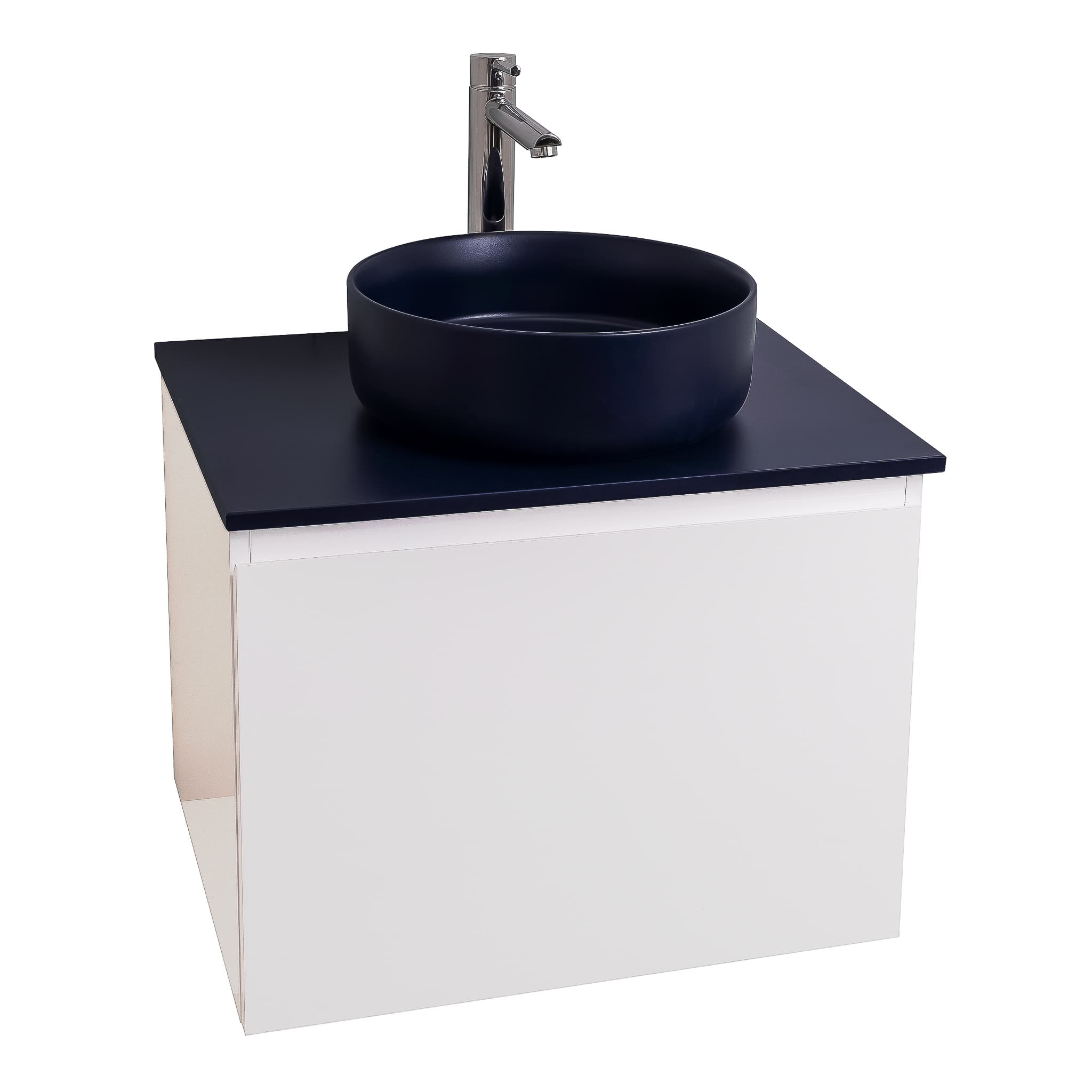 Venice 23.5 White High Gloss Cabinet, Ares Navy Blue Top And Ares Navy Blue Ceramic Basin, Wall Mounted Modern Vanity Set