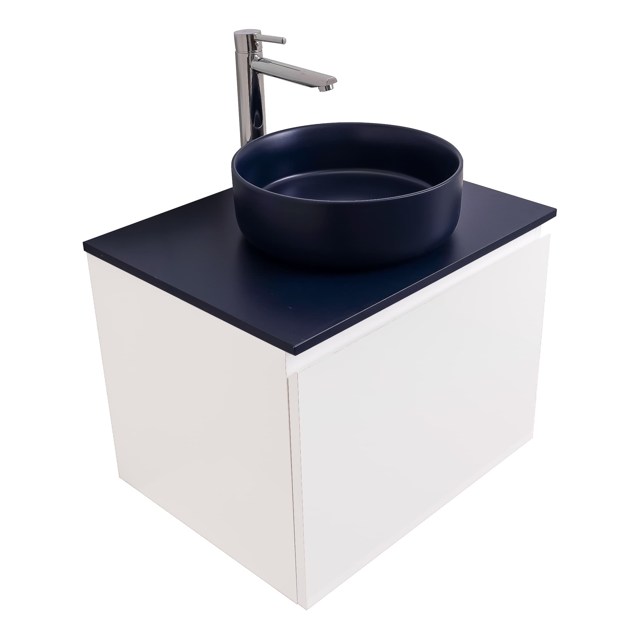 Venice 23.5 White High Gloss Cabinet, Ares Navy Blue Top And Ares Navy Blue Ceramic Basin, Wall Mounted Modern Vanity Set