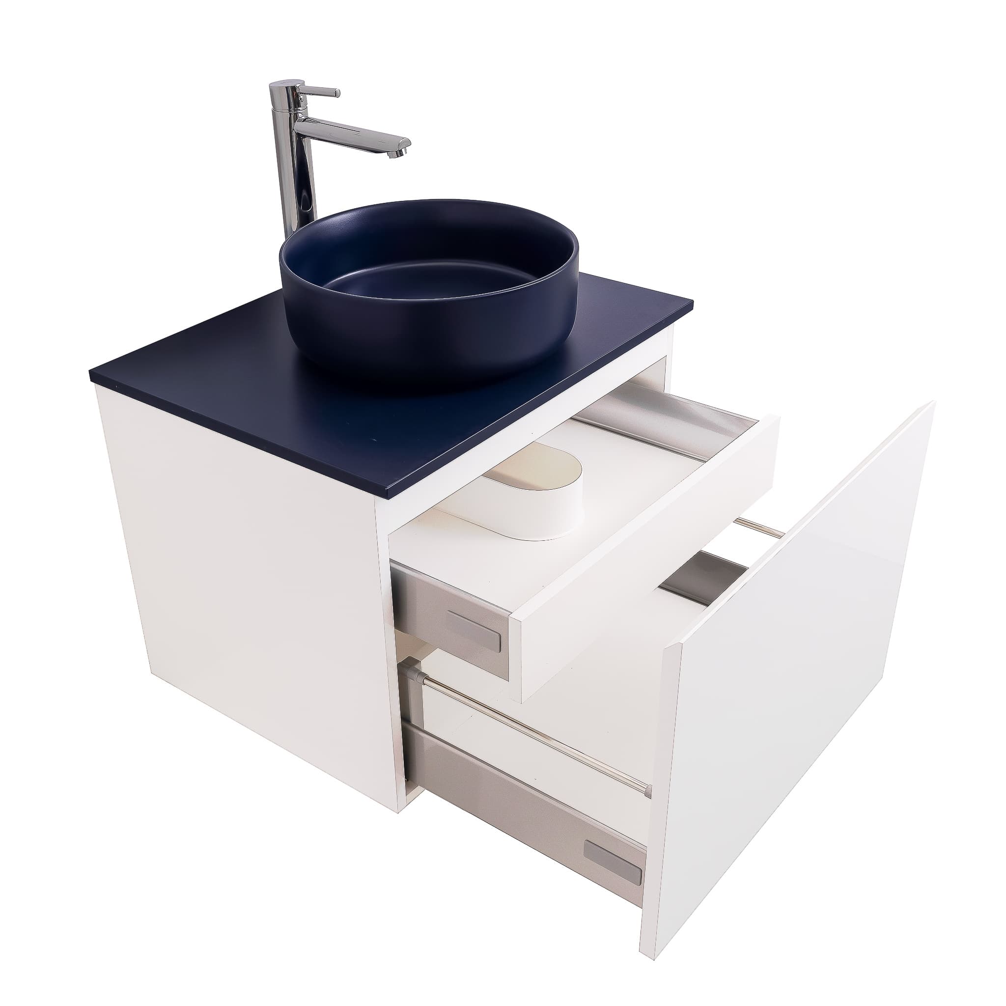 Venice 23.5 White High Gloss Cabinet, Ares Navy Blue Top And Ares Navy Blue Ceramic Basin, Wall Mounted Modern Vanity Set