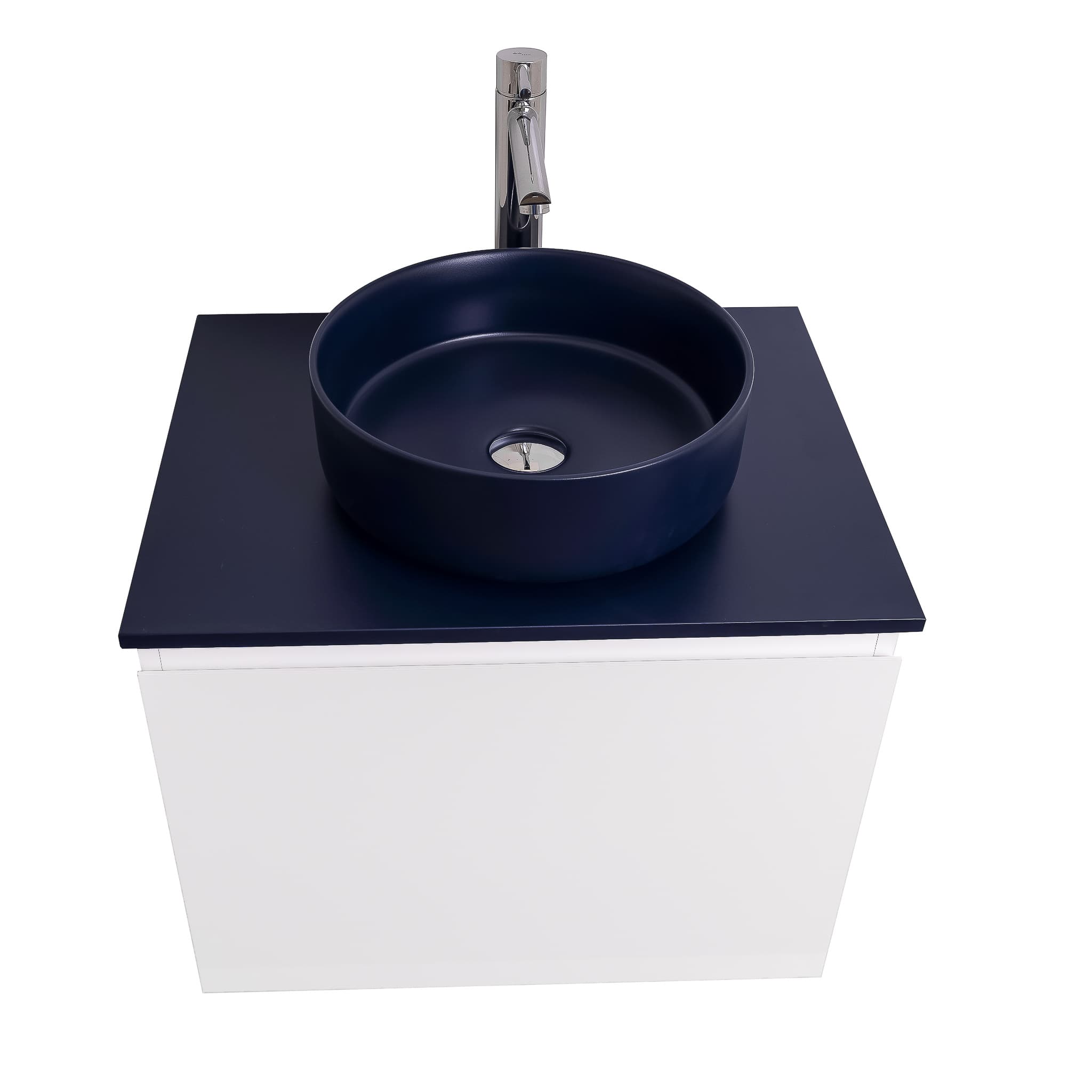 Venice 23.5 White High Gloss Cabinet, Ares Navy Blue Top And Ares Navy Blue Ceramic Basin, Wall Mounted Modern Vanity Set