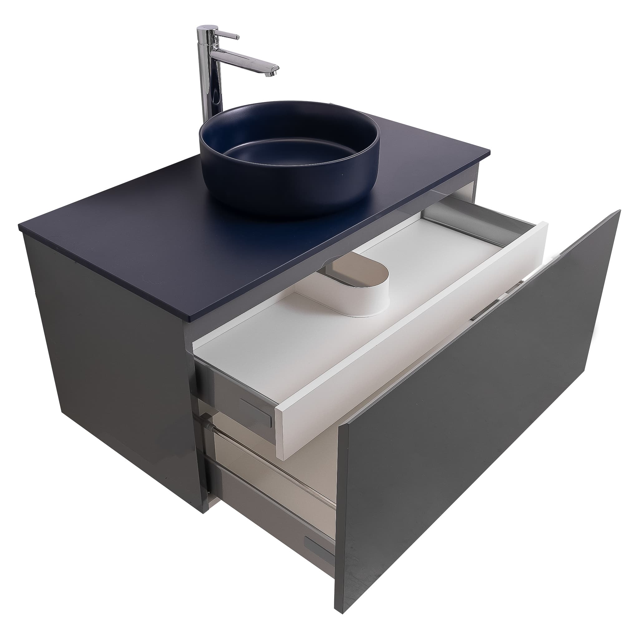 Venice 31.5 Anthracite High Gloss Cabinet, Ares Navy Blue Top And Ares Navy Blue Ceramic Basin, Wall Mounted Modern Vanity Set