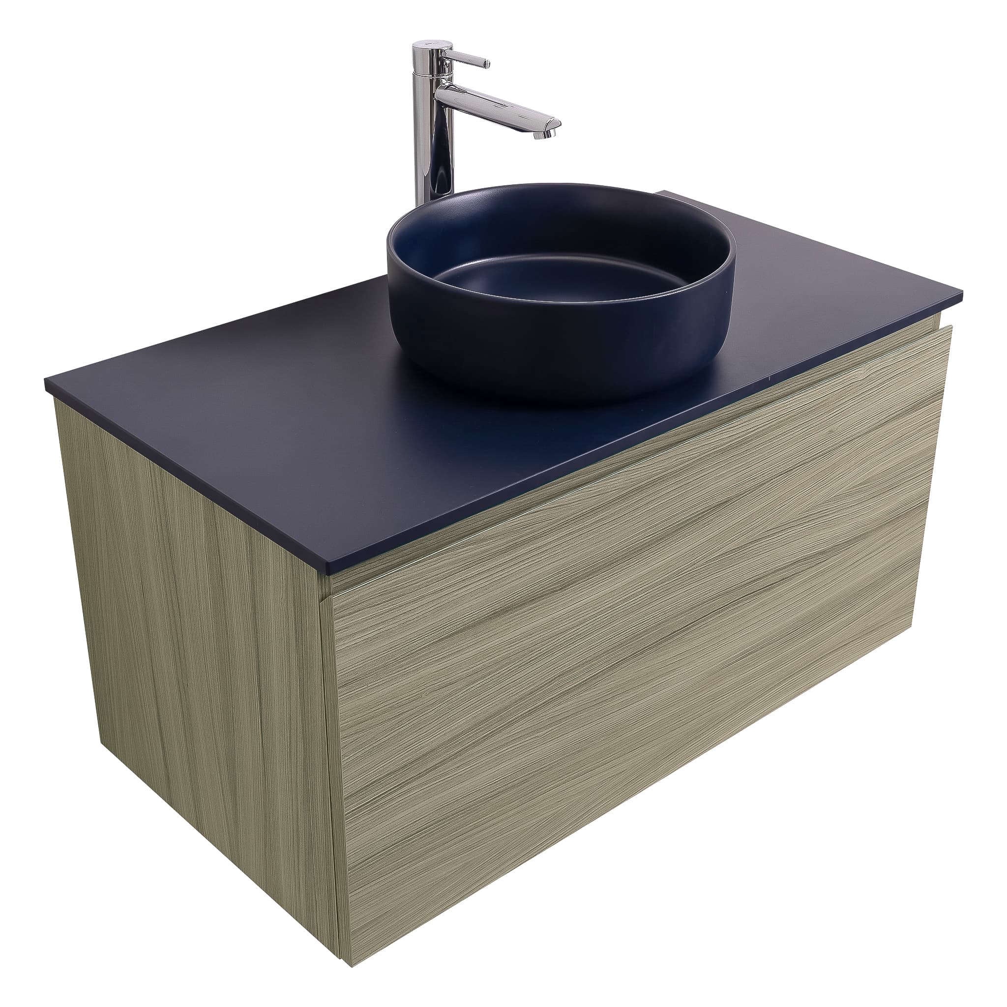 Venice 31.5 Nilo Grey Wood Texture Cabinet, Ares Navy Blue Top And Ares Navy Blue Ceramic Basin, Wall Mounted Modern Vanity Set