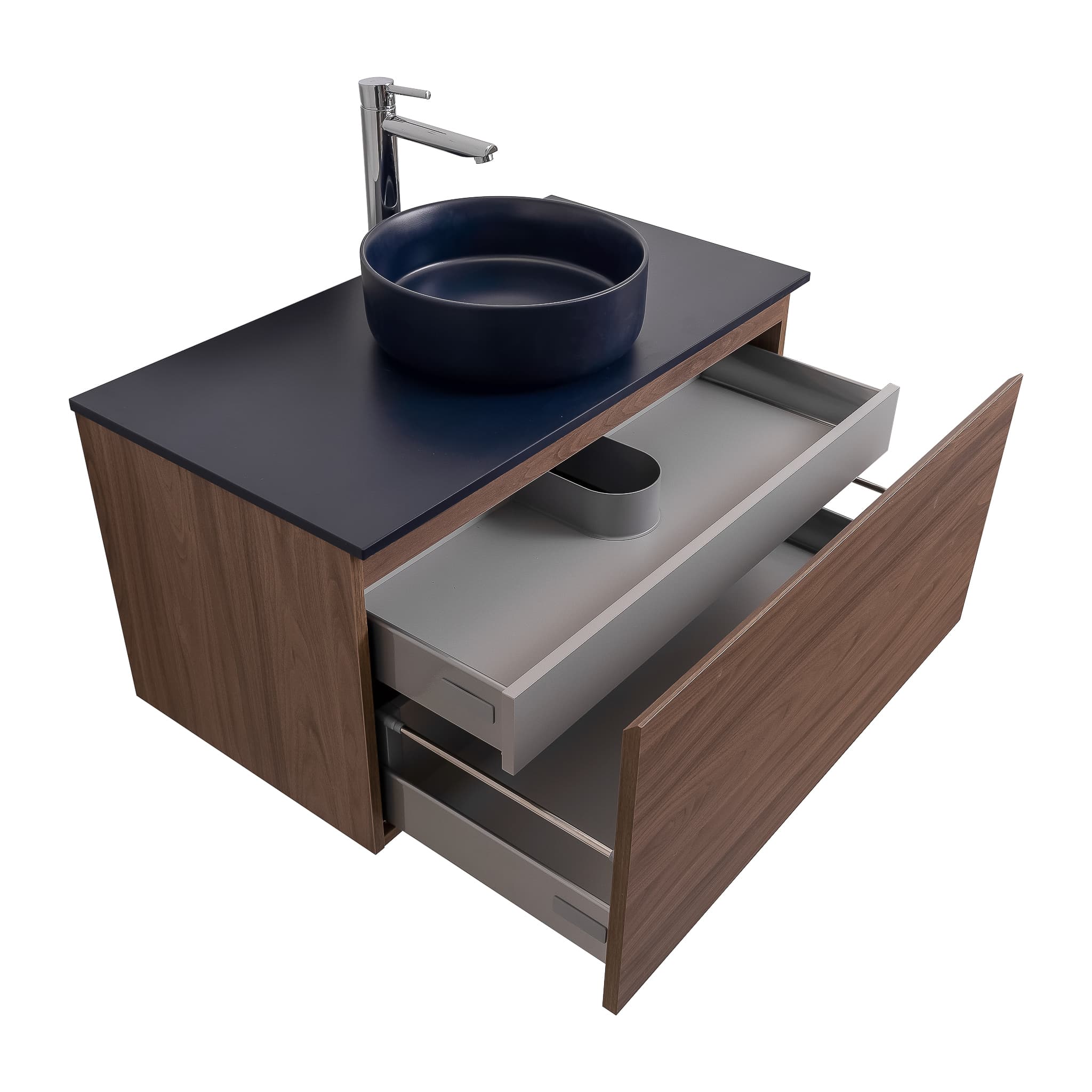 Venice 31.5 Walnut Wood Texture Cabinet, Ares Navy Blue Top And Ares Navy Blue Ceramic Basin, Wall Mounted Modern Vanity Set