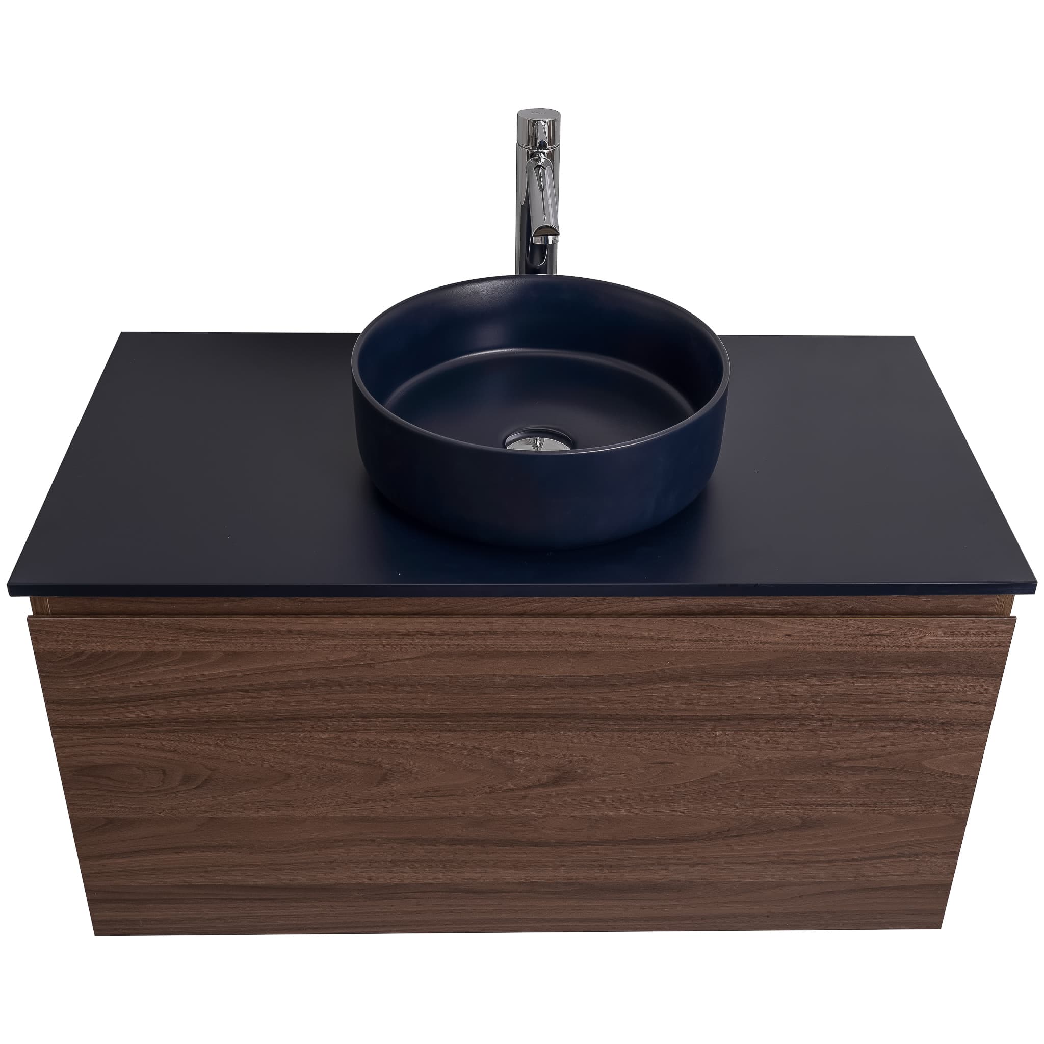 Venice 31.5 Walnut Wood Texture Cabinet, Ares Navy Blue Top And Ares Navy Blue Ceramic Basin, Wall Mounted Modern Vanity Set