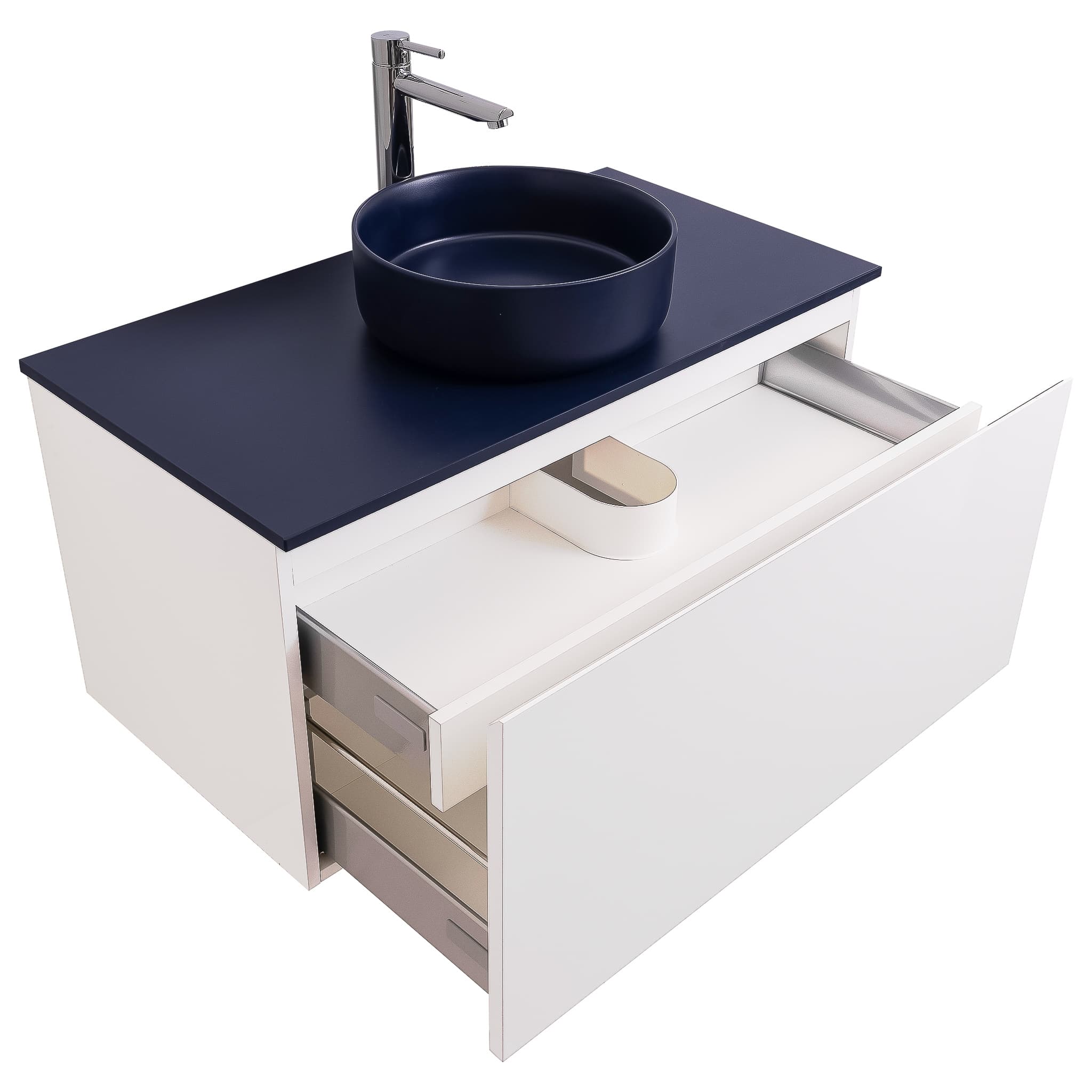 Venice 31.5 White High Gloss Cabinet, Ares Navy Blue Top And Ares Navy Blue Ceramic Basin, Wall Mounted Modern Vanity Set