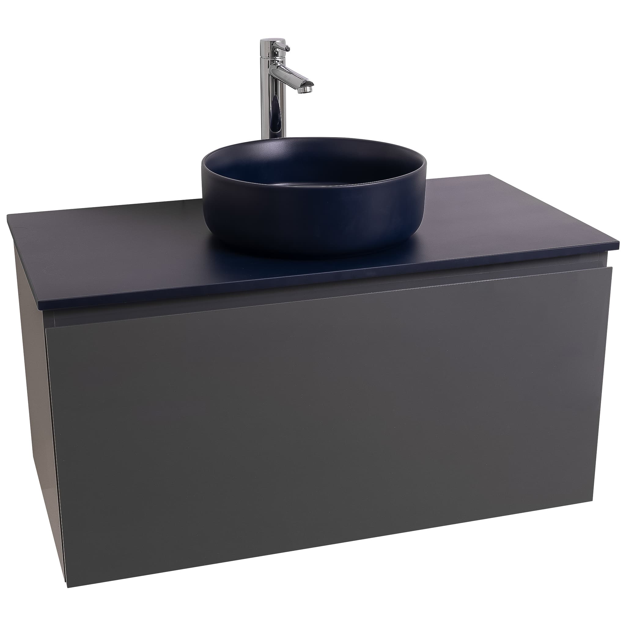 Venice 35.5 Anthracite High Gloss Cabinet, Ares Navy Blue Top And Ares Navy Blue Ceramic Basin, Wall Mounted Modern Vanity Set