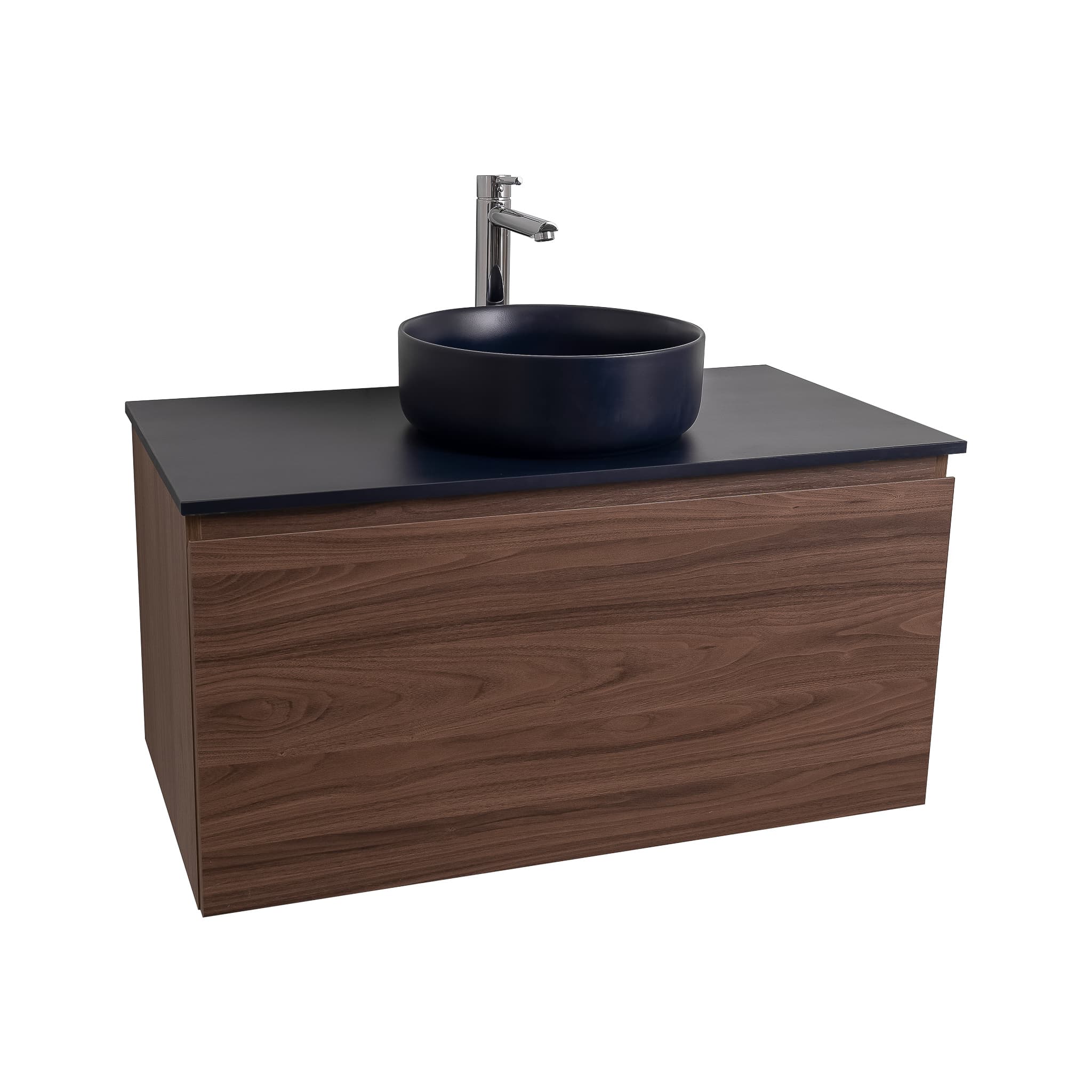 Venice 35.5 Walnut Wood Texture Cabinet, Ares Navy Blue Top And Ares Navy Blue Ceramic Basin, Wall Mounted Modern Vanity Set