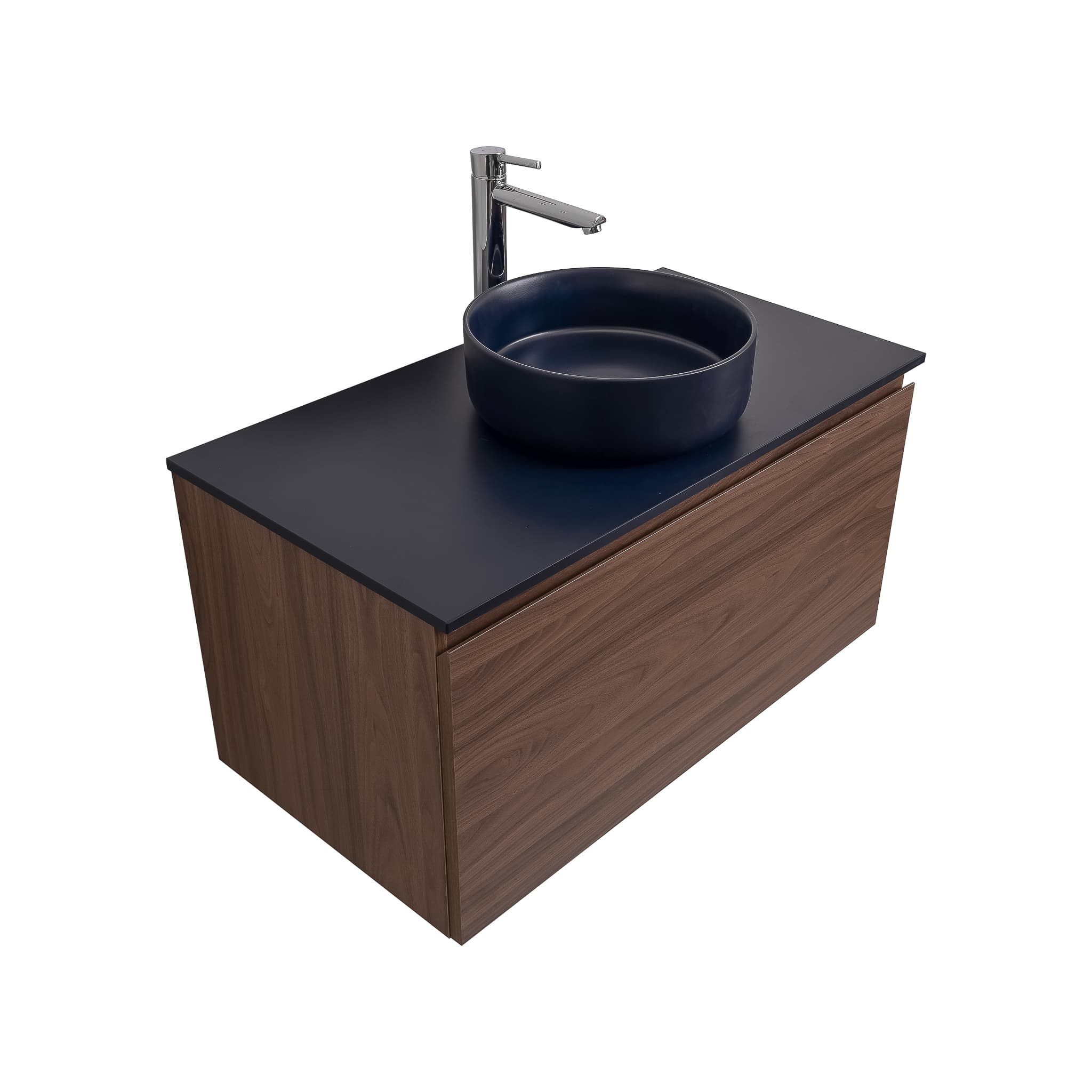 Venice 35.5 Walnut Wood Texture Cabinet, Ares Navy Blue Top And Ares Navy Blue Ceramic Basin, Wall Mounted Modern Vanity Set