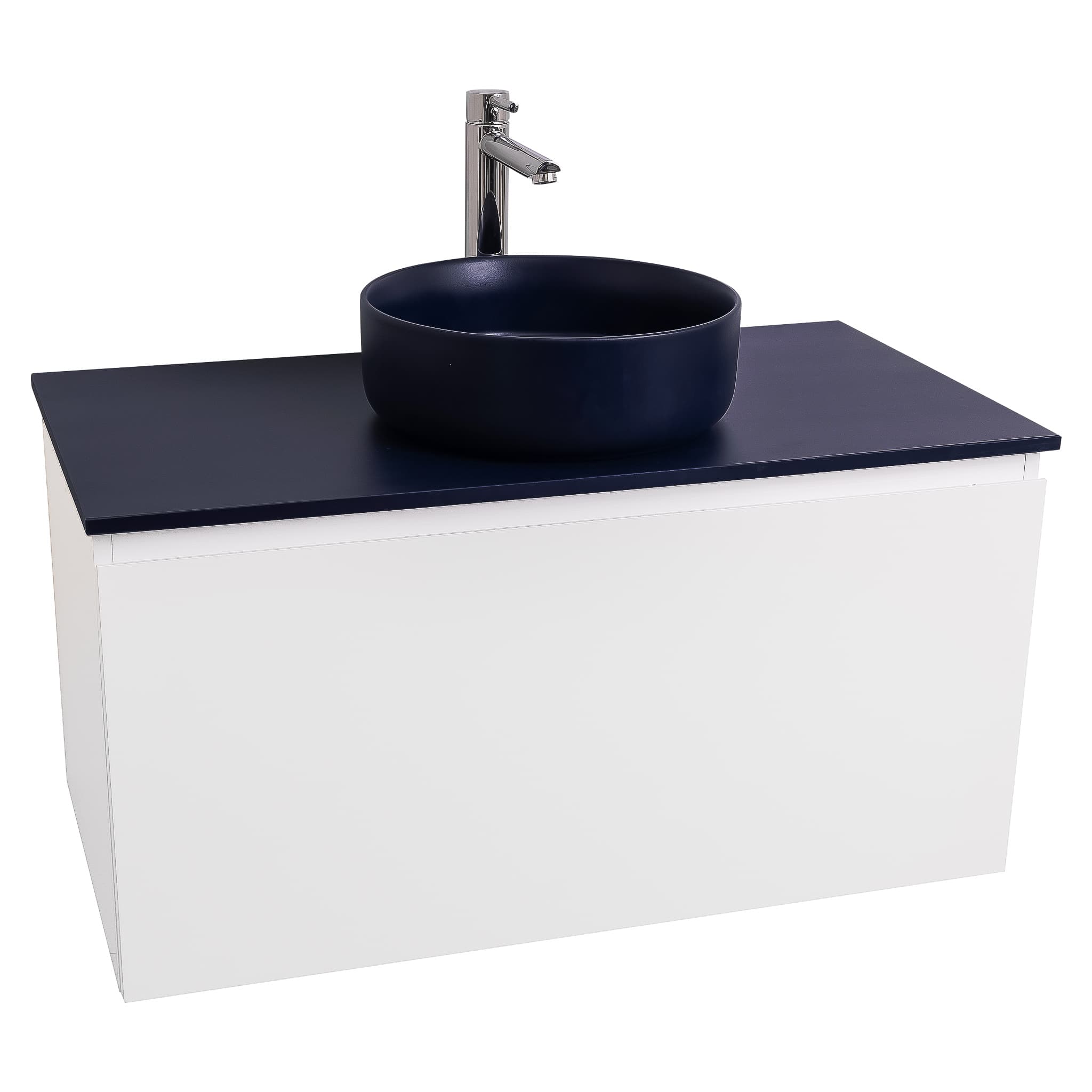 Venice 35.5 White High Gloss Cabinet, Ares Navy Blue Top And Ares Navy Blue Ceramic Basin, Wall Mounted Modern Vanity Set