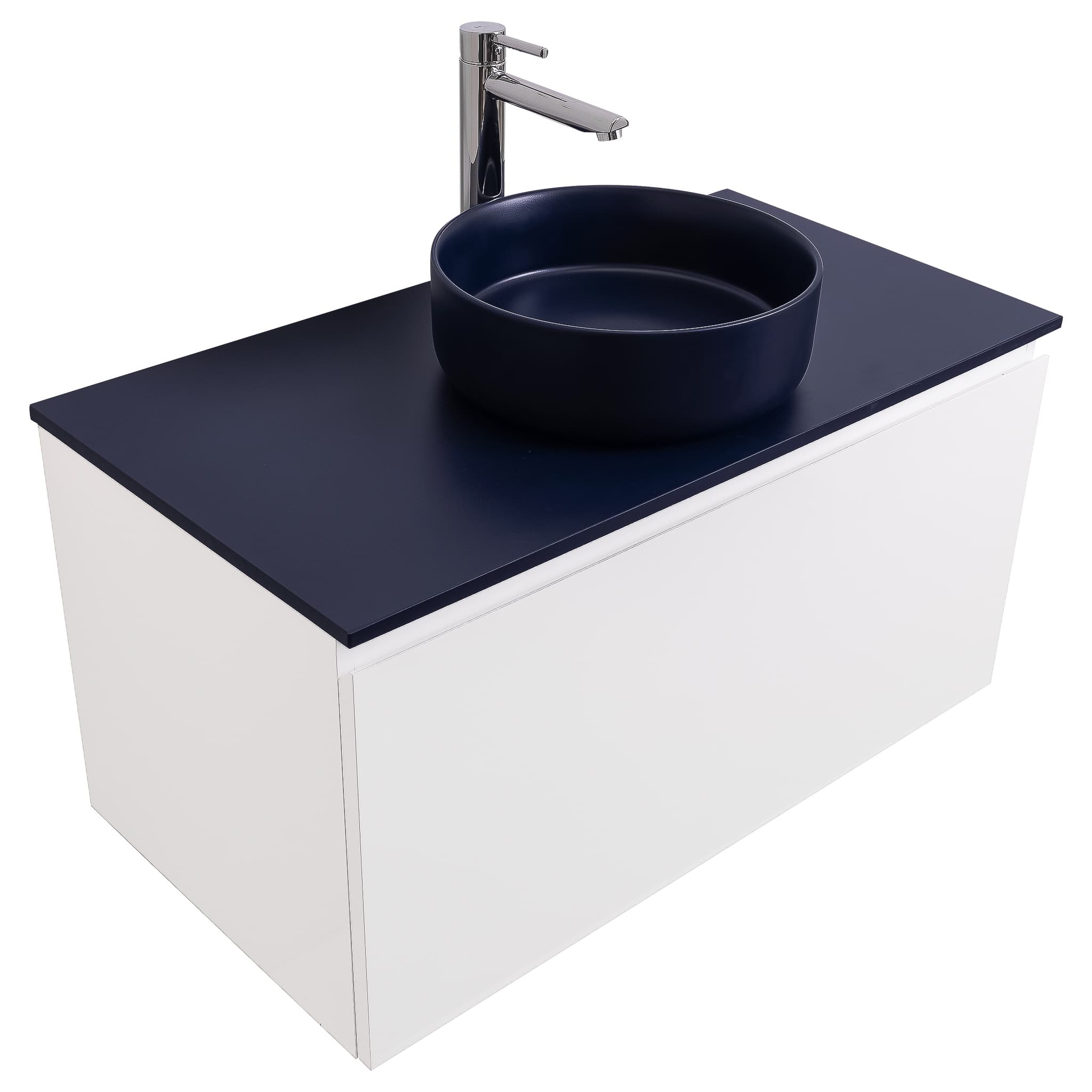 Venice 35.5 White High Gloss Cabinet, Ares Navy Blue Top And Ares Navy Blue Ceramic Basin, Wall Mounted Modern Vanity Set