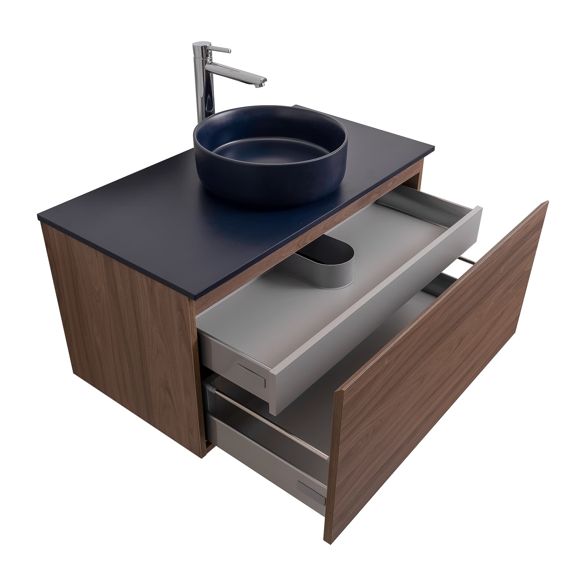 Venice 39.5 Walnut Wood Texture Cabinet, Ares Navy Blue Top And Ares Navy Blue Ceramic Basin, Wall Mounted Modern Vanity Set
