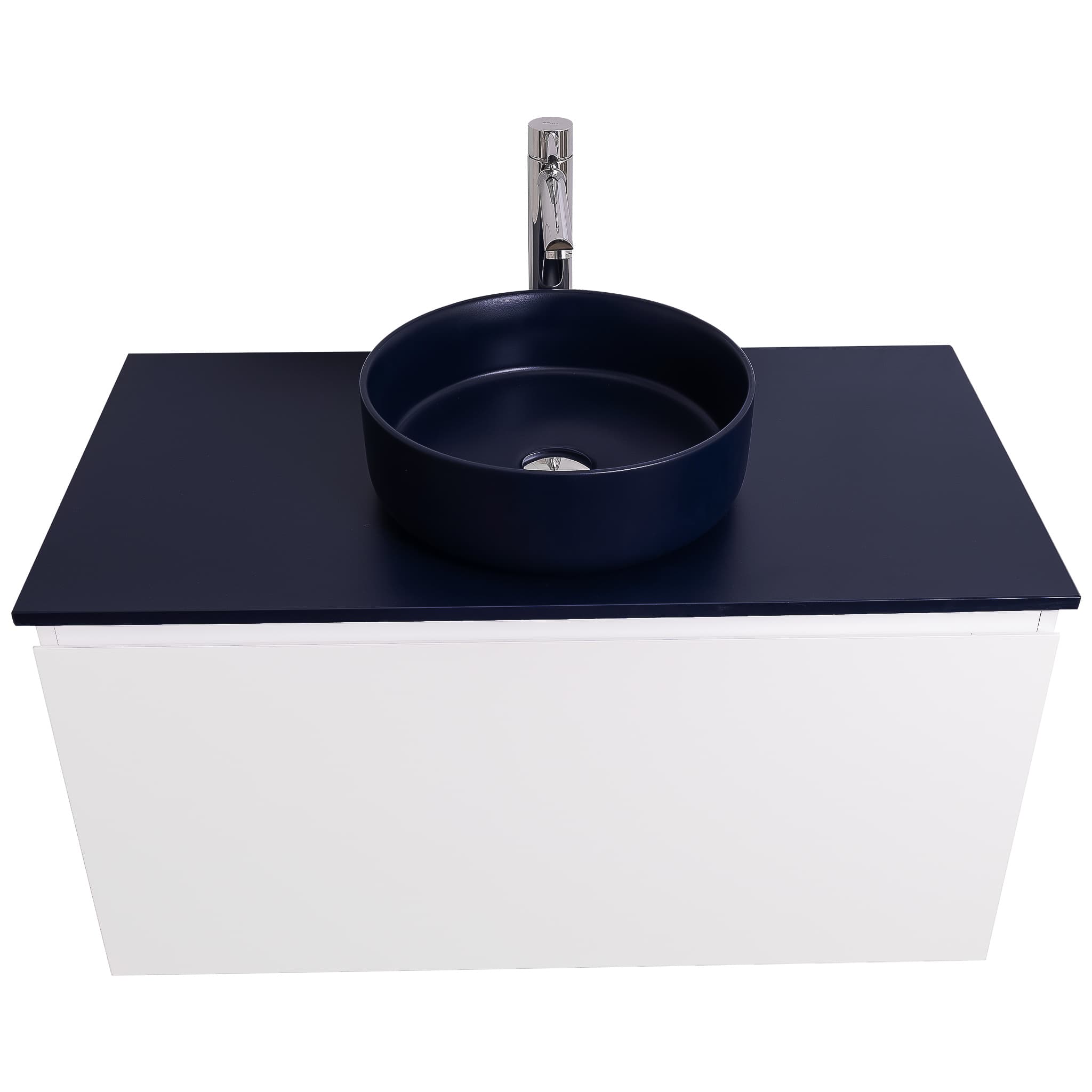 Venice 39.5 White High Gloss Cabinet, Ares Navy Blue Top And Ares Navy Blue Ceramic Basin, Wall Mounted Modern Vanity Set