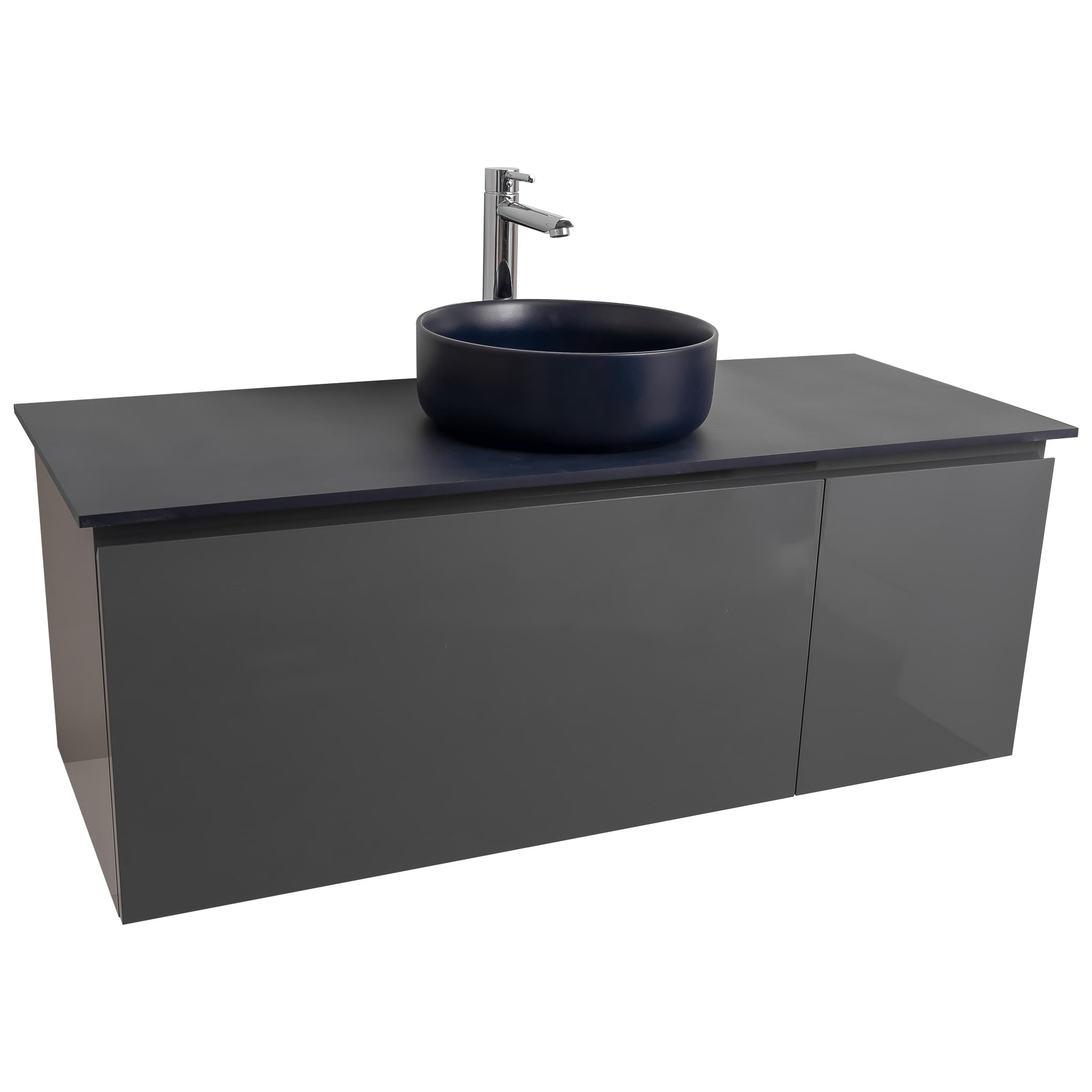 Venice 47.5 Anthracite High Gloss Cabinet, Ares Navy Blue Top And Ares Navy Blue Ceramic Basin, Wall Mounted Modern Vanity Set