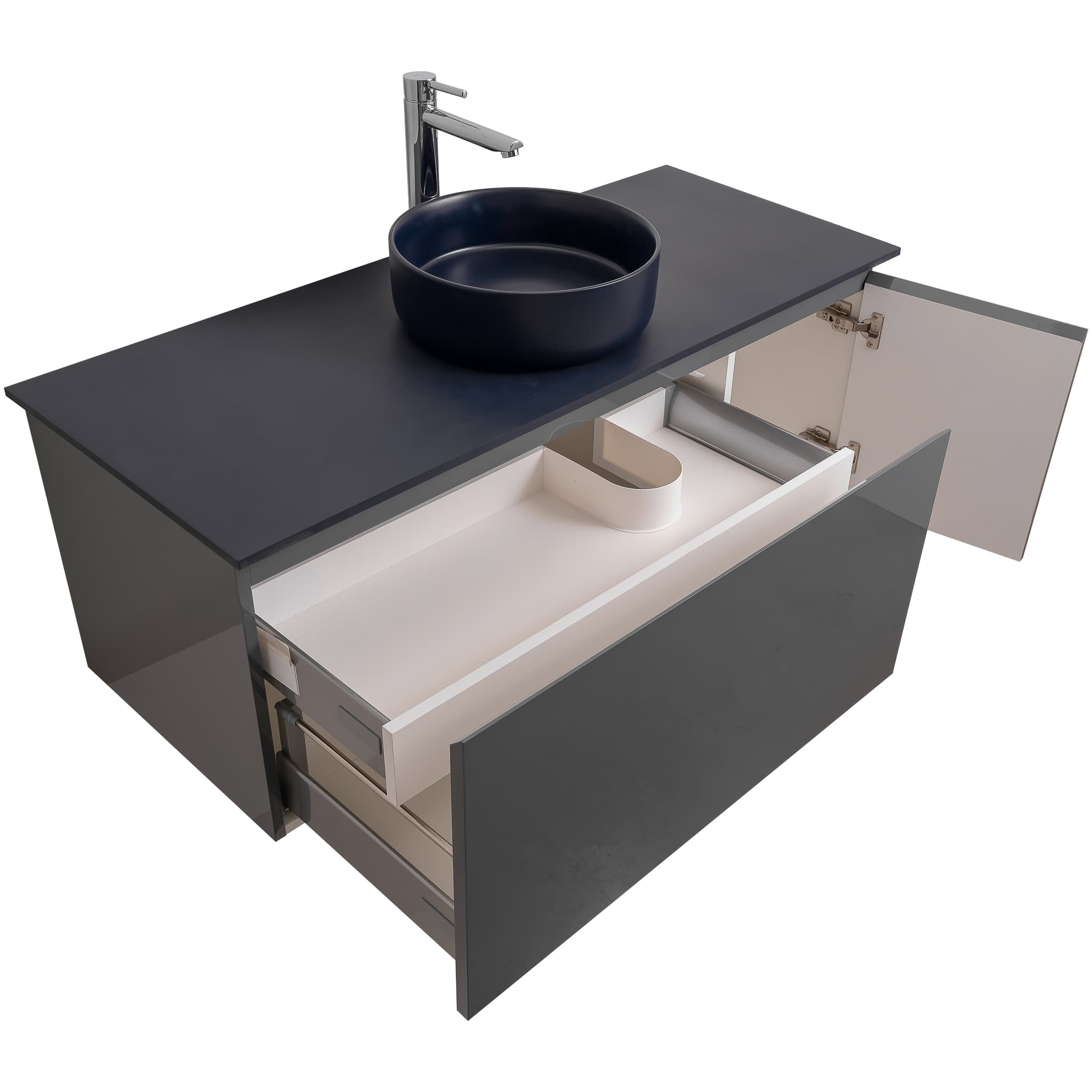 Venice 47.5 Anthracite High Gloss Cabinet, Ares Navy Blue Top And Ares Navy Blue Ceramic Basin, Wall Mounted Modern Vanity Set