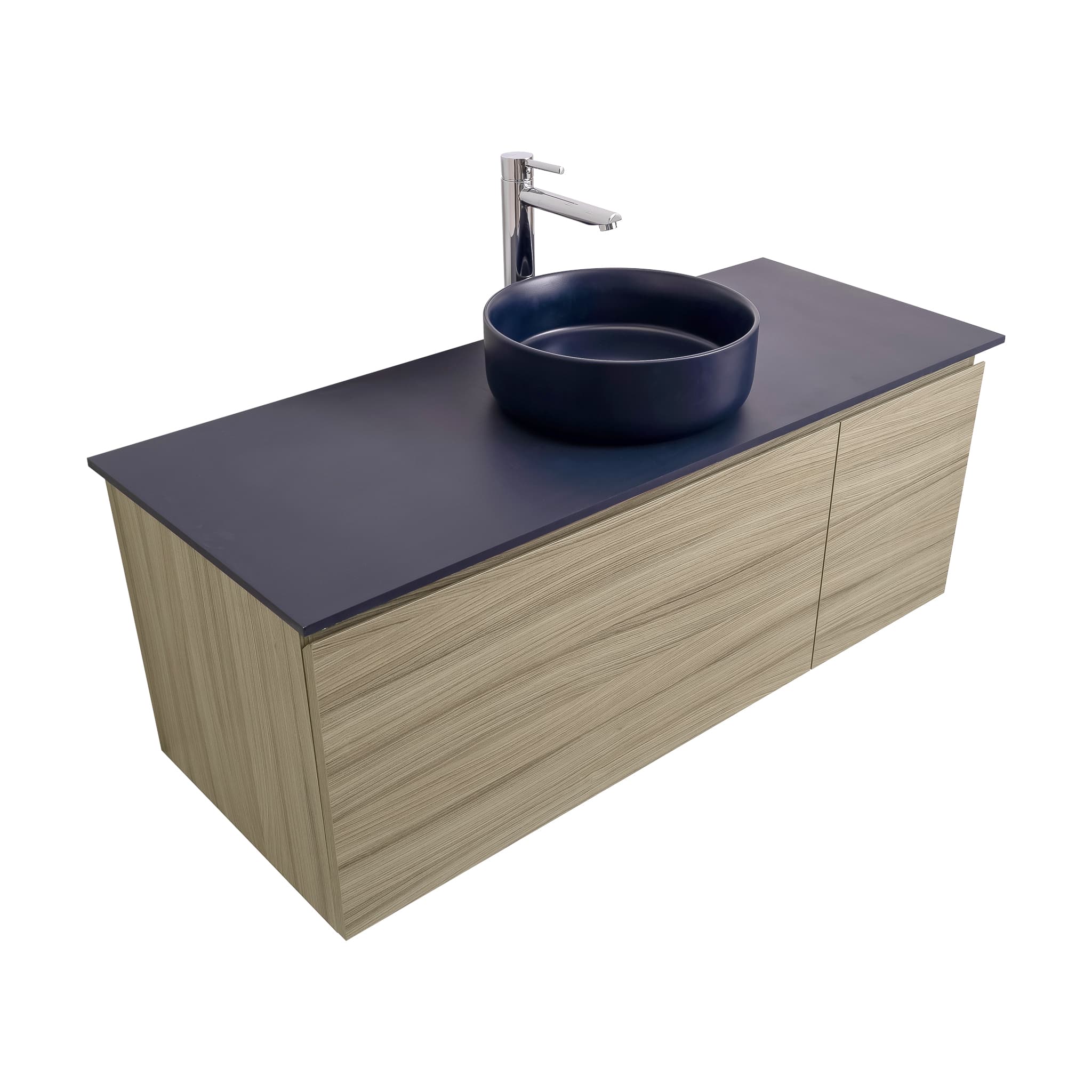 Venice 47.5 Nilo Grey Wood Texture Cabinet, Ares Navy Blue Top And Ares Navy Blue Ceramic Basin, Wall Mounted Modern Vanity Set Bath Trends USA