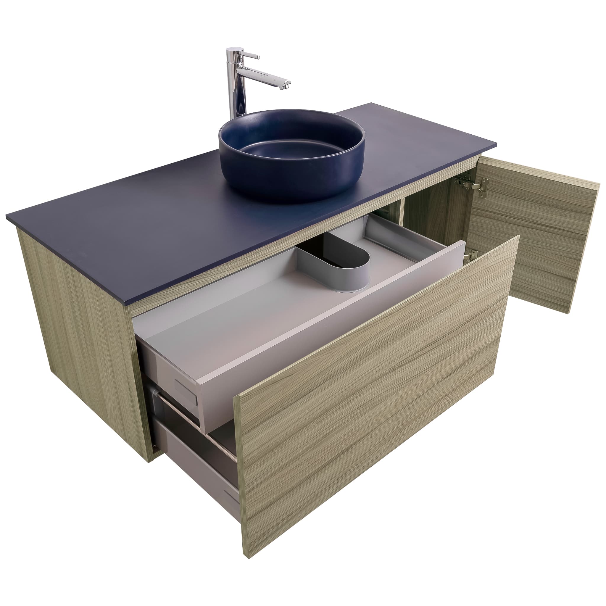 Venice 47.5 Nilo Grey Wood Texture Cabinet, Ares Navy Blue Top And Ares Navy Blue Ceramic Basin, Wall Mounted Modern Vanity Set