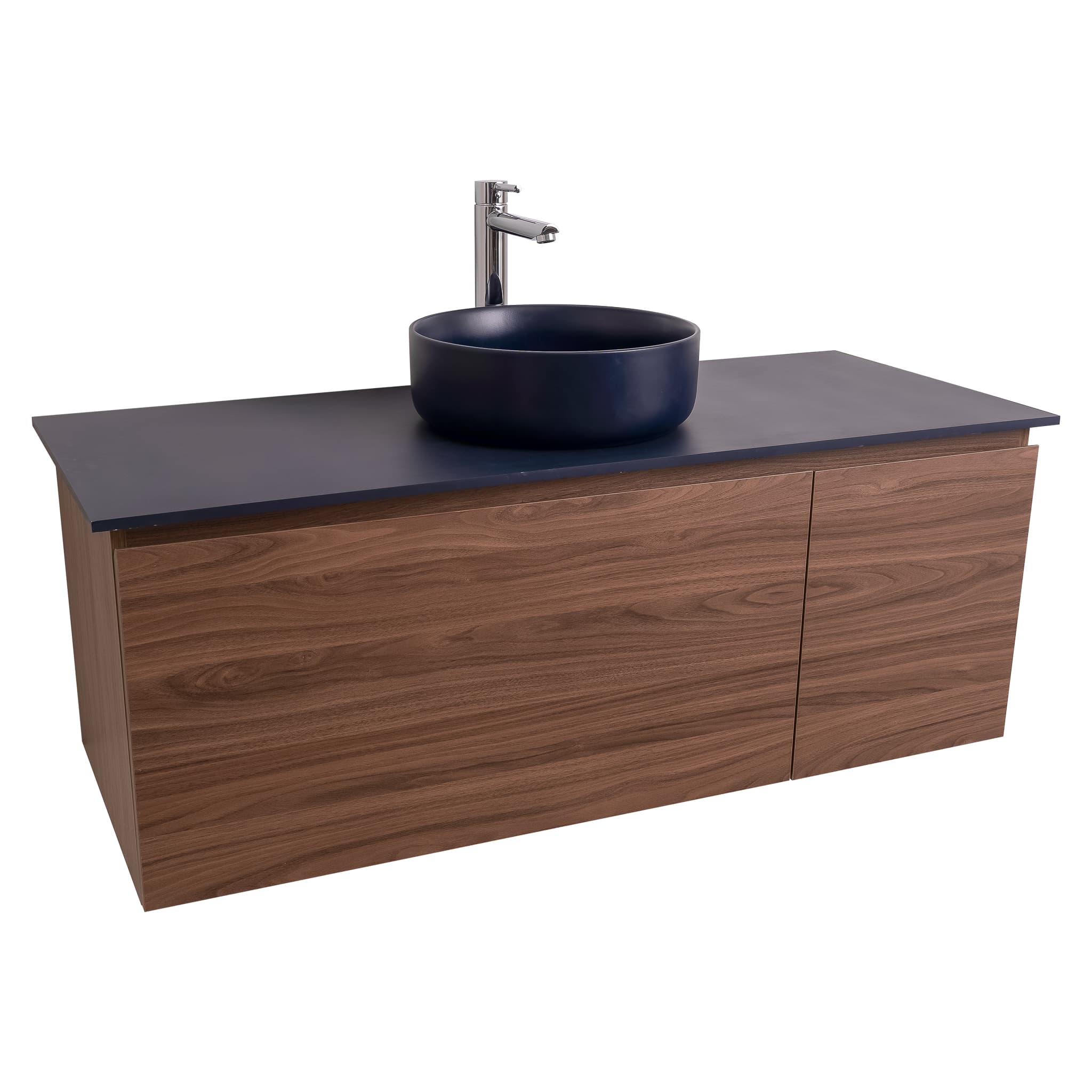 Venice 47.5 Walnut Wood Texture Cabinet, Ares Navy Blue Top And Ares Navy Blue Ceramic Basin, Wall Mounted Modern Vanity Set