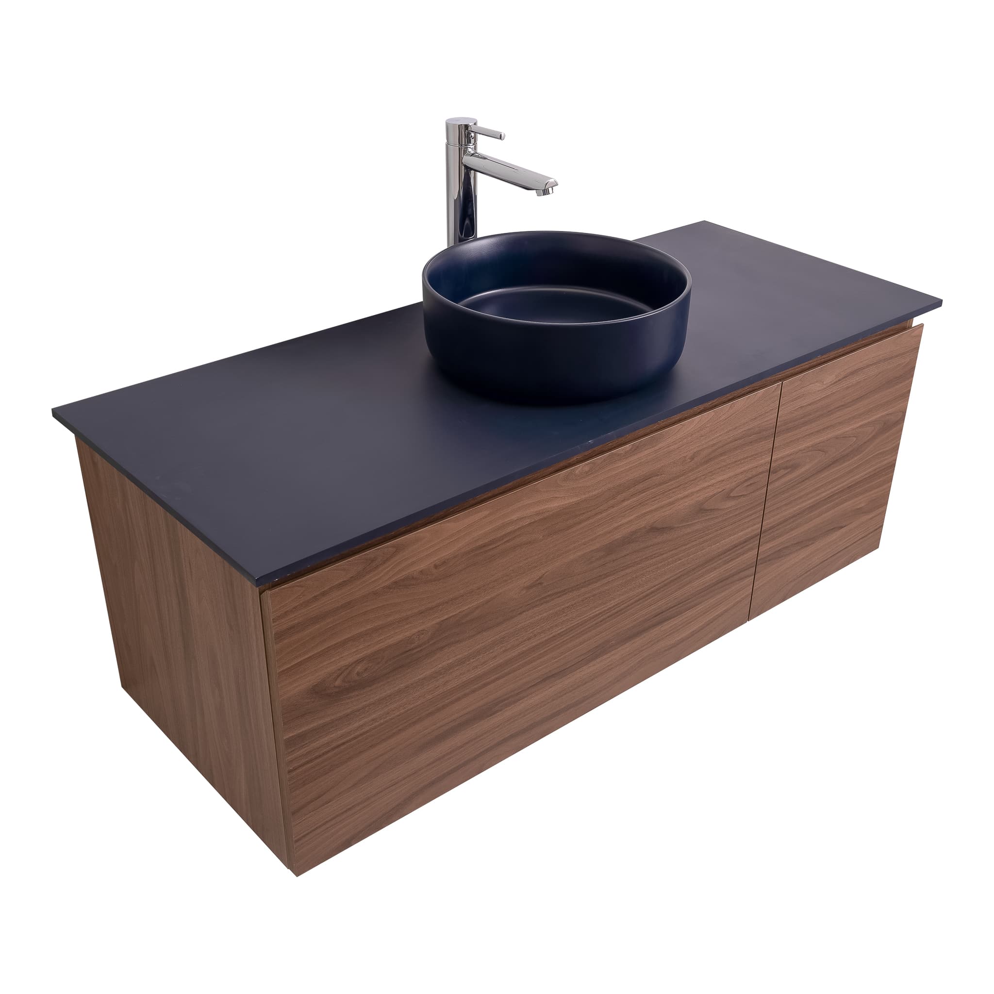 Venice 47.5 Walnut Wood Texture Cabinet, Ares Navy Blue Top And Ares Navy Blue Ceramic Basin, Wall Mounted Modern Vanity Set