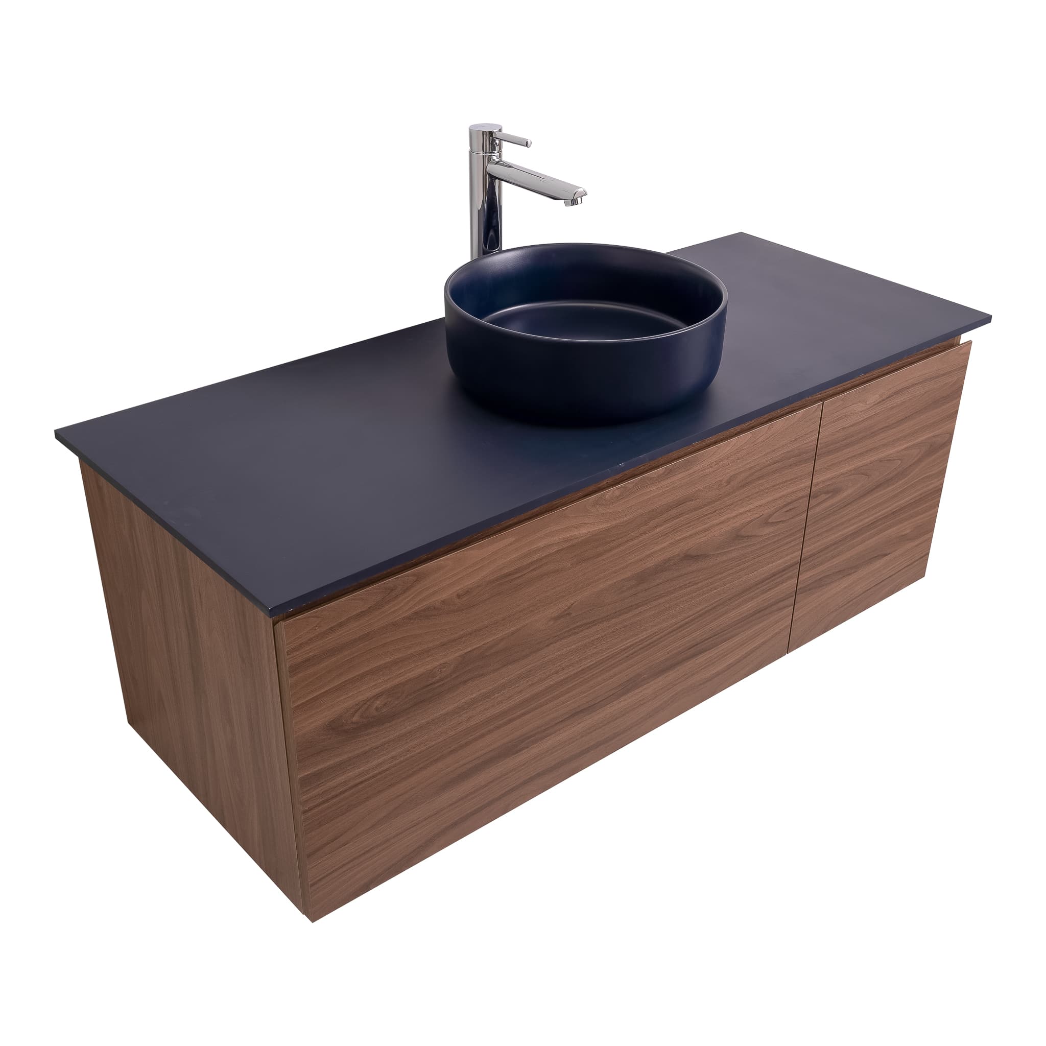 Venice 47.5 Walnut Wood Texture Cabinet, Ares Navy Blue Top And Ares Navy Blue Ceramic Basin, Wall Mounted Modern Vanity Set Bath Trends USA