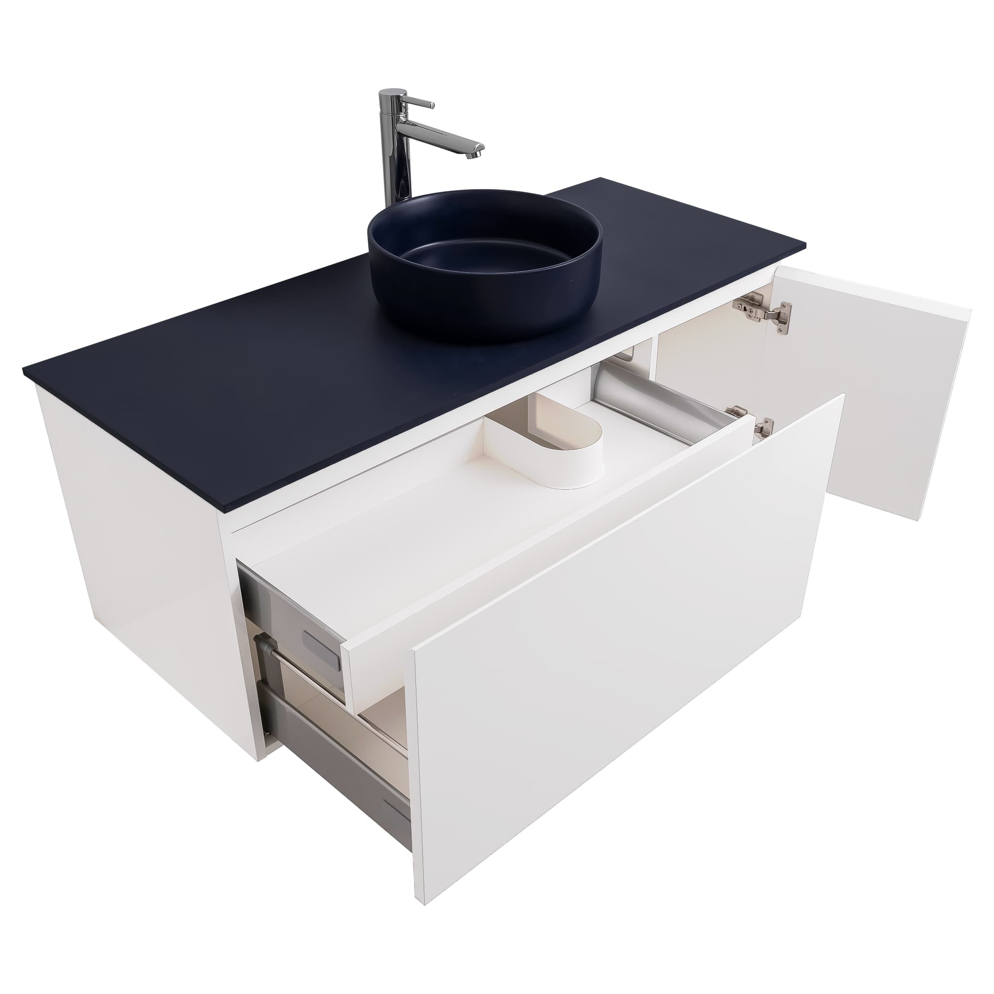 Venice 47.5 White High Gloss Cabinet, Ares Navy Blue Top And Ares Navy Blue Ceramic Basin, Wall Mounted Modern Vanity Set