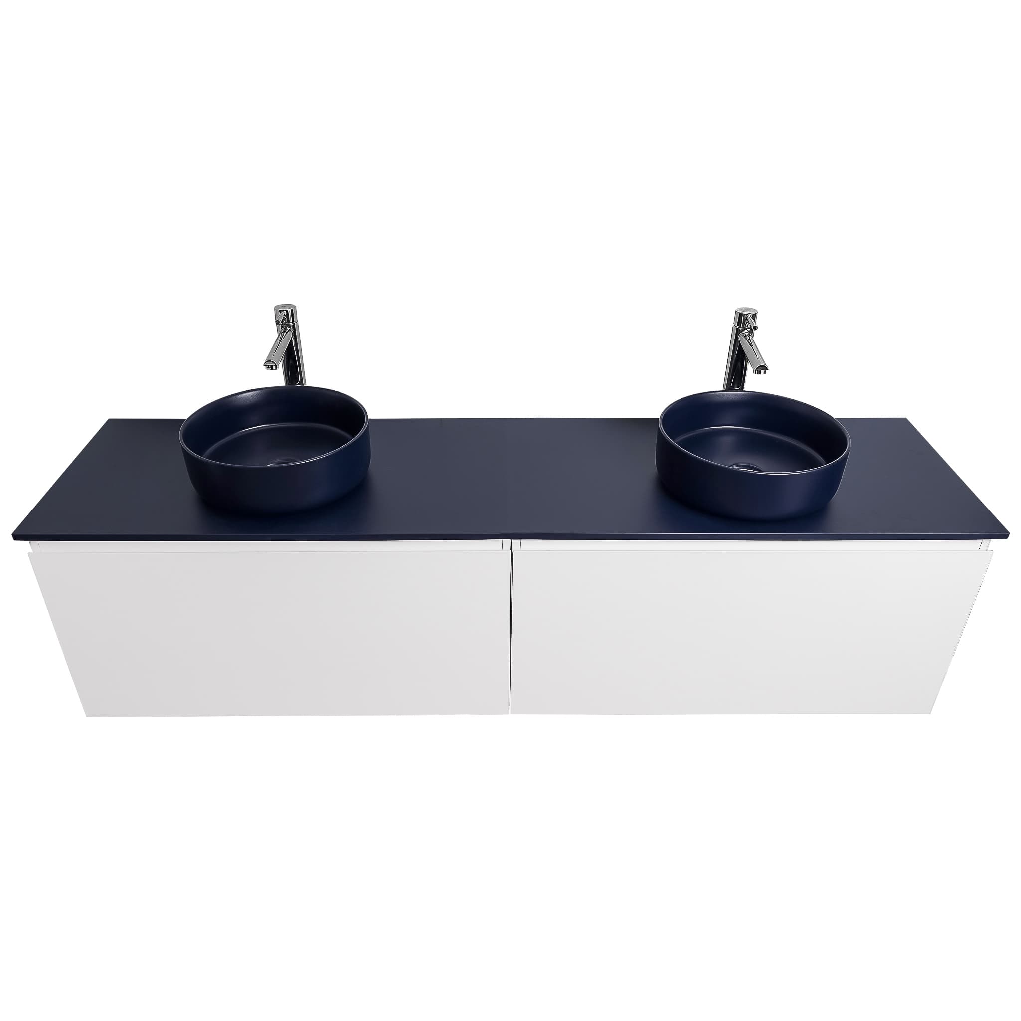 Venice 63 White High Gloss Cabinet, Ares Navy Blue Top And Two Ares Navy Blue Ceramic Basin, Wall Mounted Modern Vanity Set