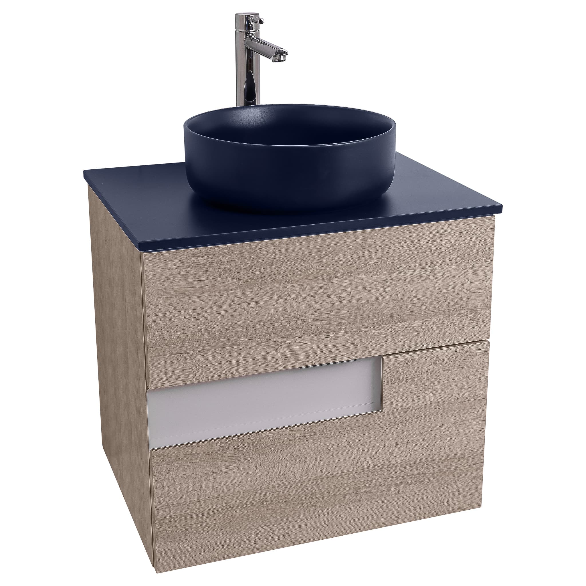 Vision 23.5 Natural Light Wood Cabinet, Ares Navy Blue Top And Ares Navy Blue Ceramic Basin, Wall Mounted Modern Vanity Set