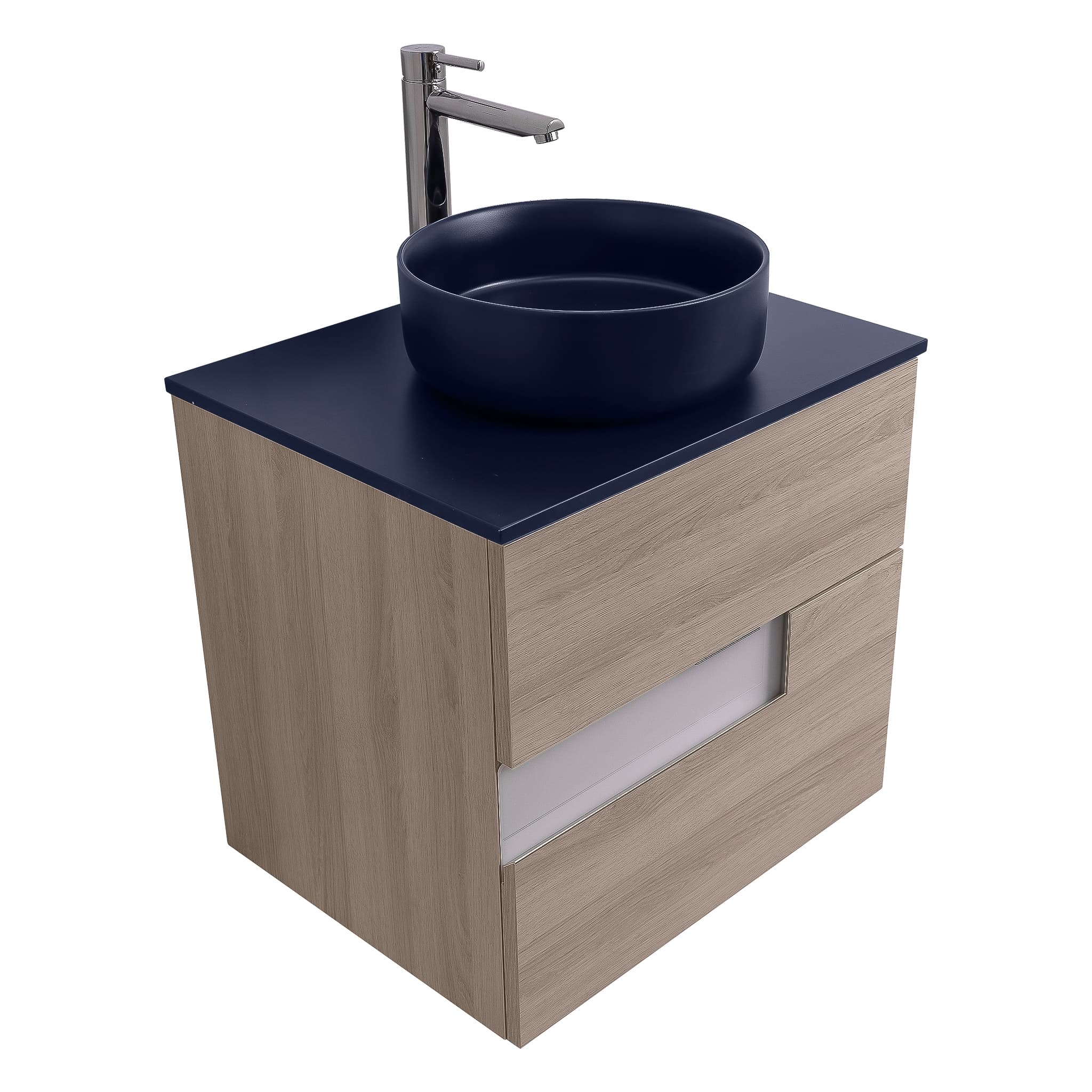 Vision 23.5 Natural Light Wood Cabinet, Ares Navy Blue Top And Ares Navy Blue Ceramic Basin, Wall Mounted Modern Vanity Set