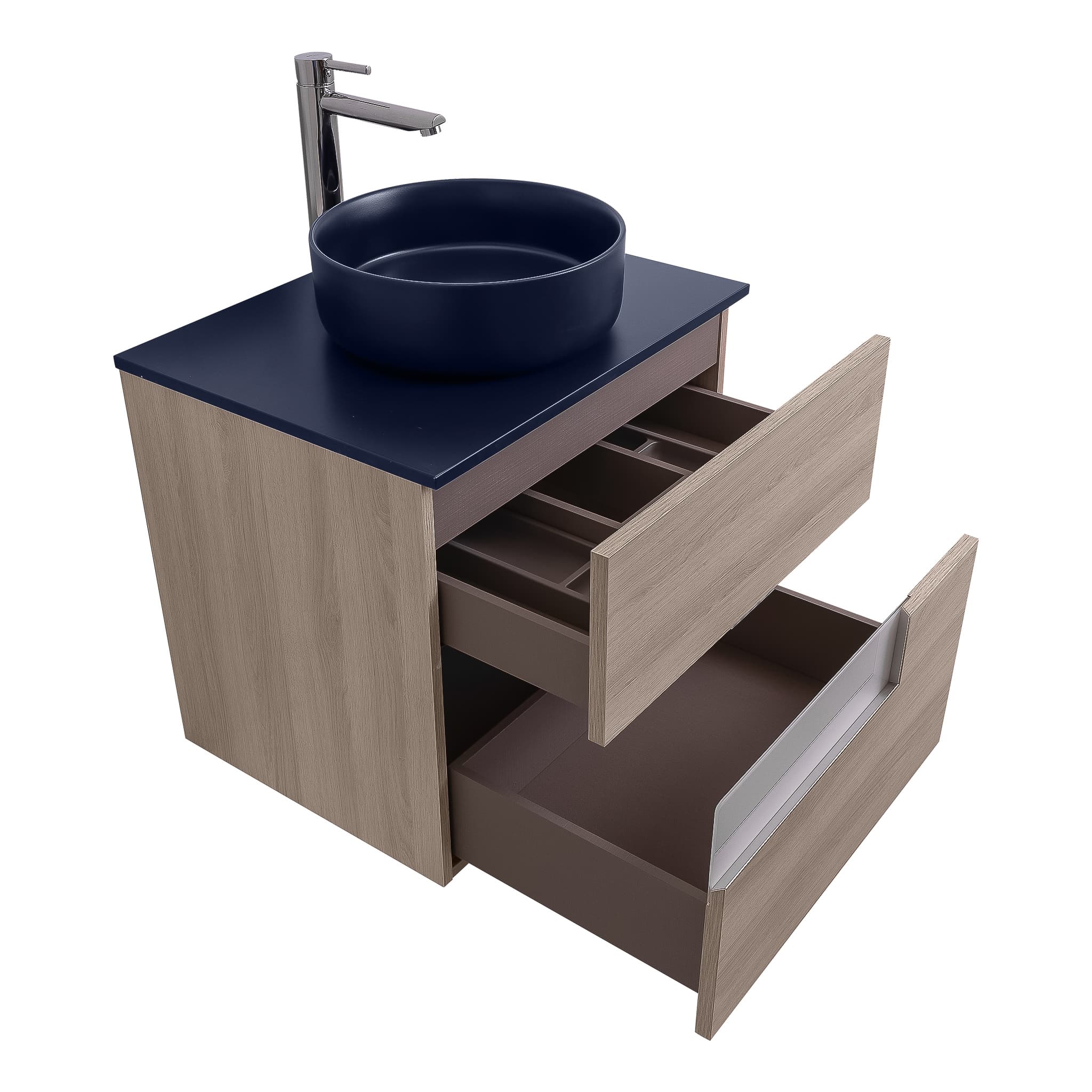 Vision 23.5 Natural Light Wood Cabinet, Ares Navy Blue Top And Ares Navy Blue Ceramic Basin, Wall Mounted Modern Vanity Set