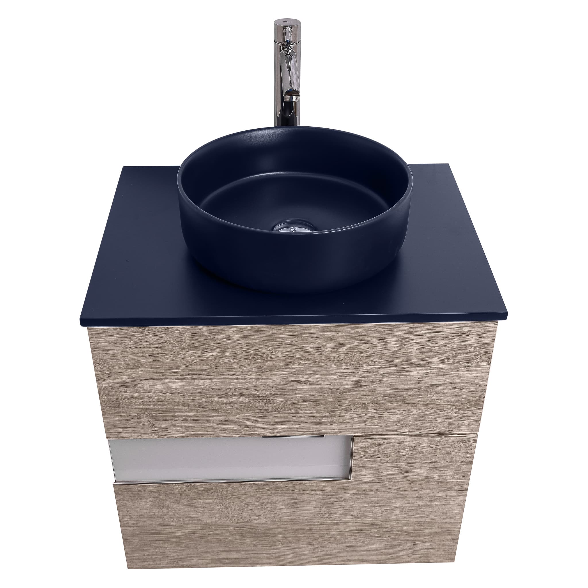 Vision 23.5 Natural Light Wood Cabinet, Ares Navy Blue Top And Ares Navy Blue Ceramic Basin, Wall Mounted Modern Vanity Set