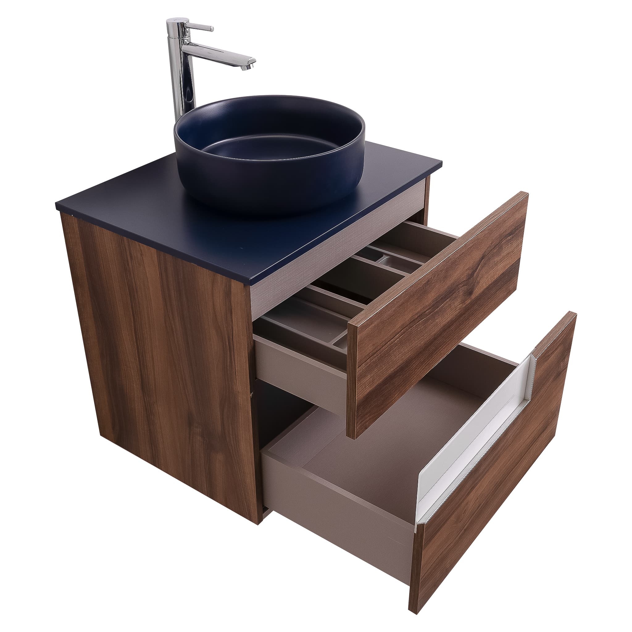 Vision 23.5 Valenti Medium Brown Wood Cabinet, Ares Navy Blue Top And Ares Navy Blue Ceramic Basin, Wall Mounted Modern Vanity Set