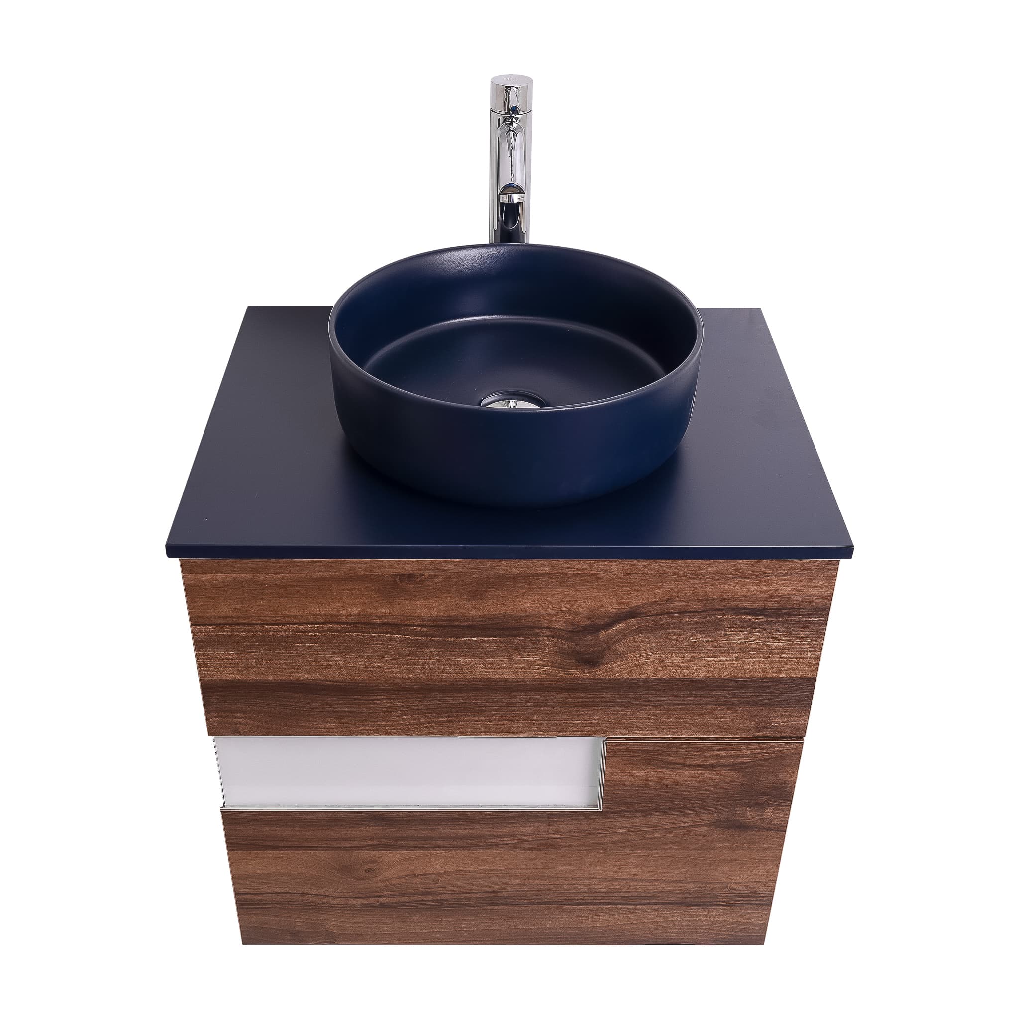 Vision 23.5 Valenti Medium Brown Wood Cabinet, Ares Navy Blue Top And Ares Navy Blue Ceramic Basin, Wall Mounted Modern Vanity Set Bath Trends USA