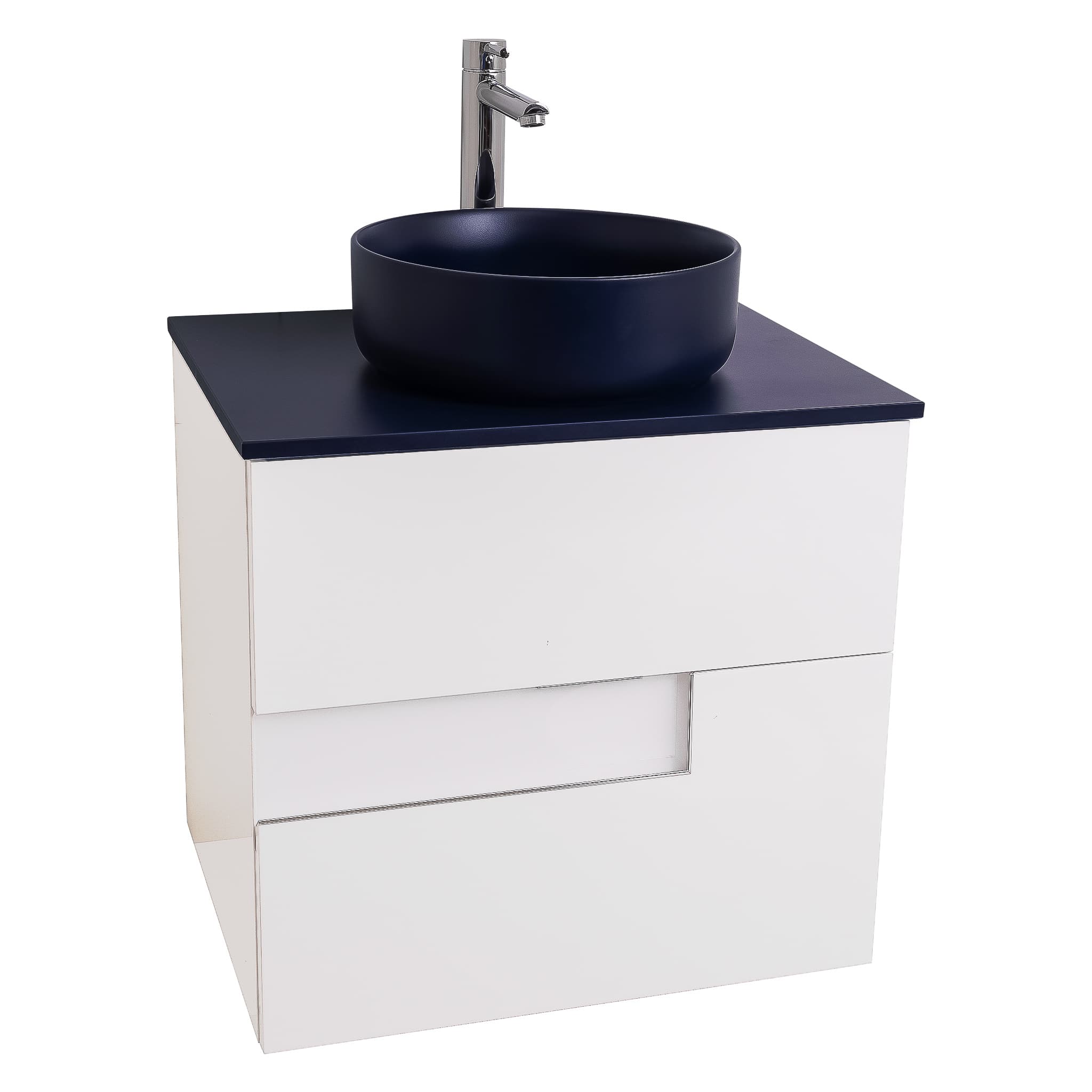 Vision 23.5 White High Gloss Cabinet, Ares Navy Blue Top And Ares Navy Blue Ceramic Basin, Wall Mounted Modern Vanity Set Bath Trends USA