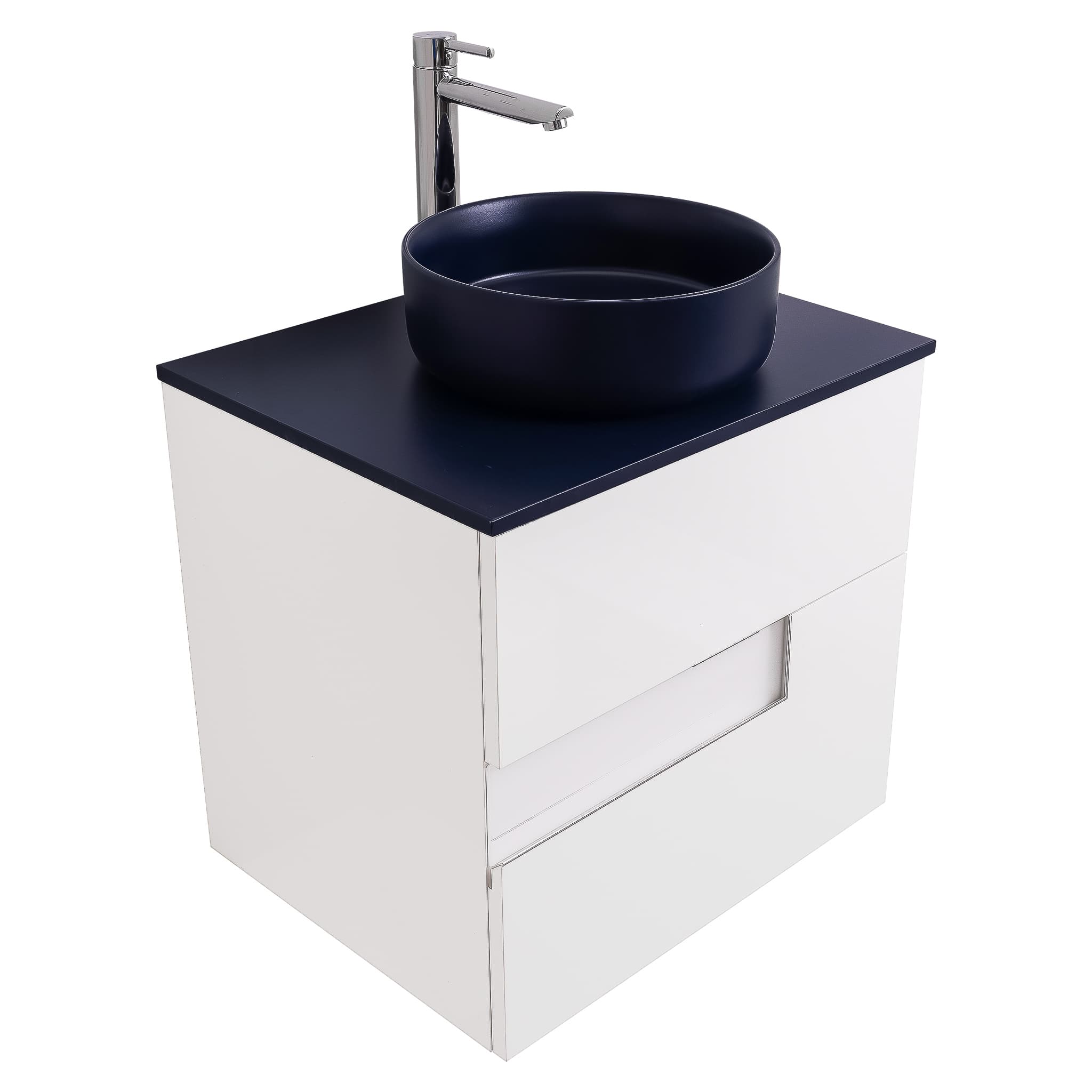 Vision 23.5 White High Gloss Cabinet, Ares Navy Blue Top And Ares Navy Blue Ceramic Basin, Wall Mounted Modern Vanity Set