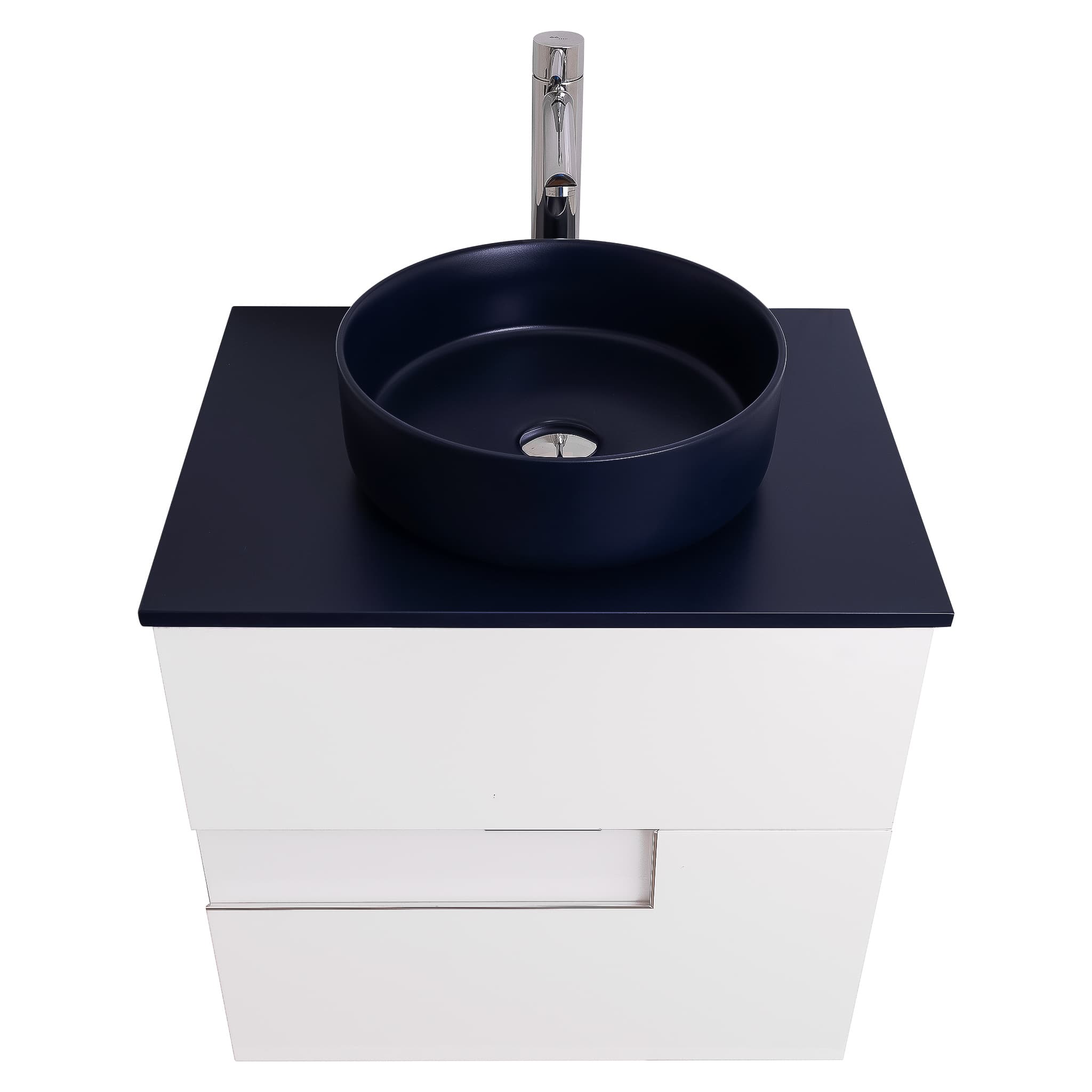 Vision 23.5 White High Gloss Cabinet, Ares Navy Blue Top And Ares Navy Blue Ceramic Basin, Wall Mounted Modern Vanity Set