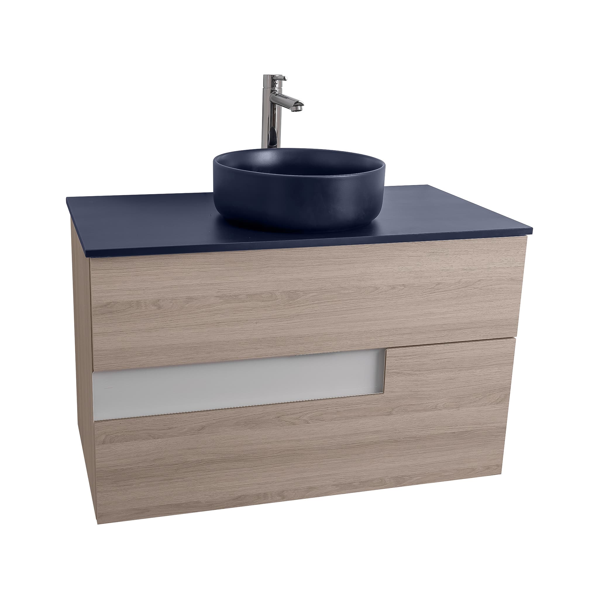 Vision 31.5 Natural Light Wood Cabinet, Ares Navy Blue Top And Ares Navy Blue Ceramic Basin, Wall Mounted Modern Vanity Set