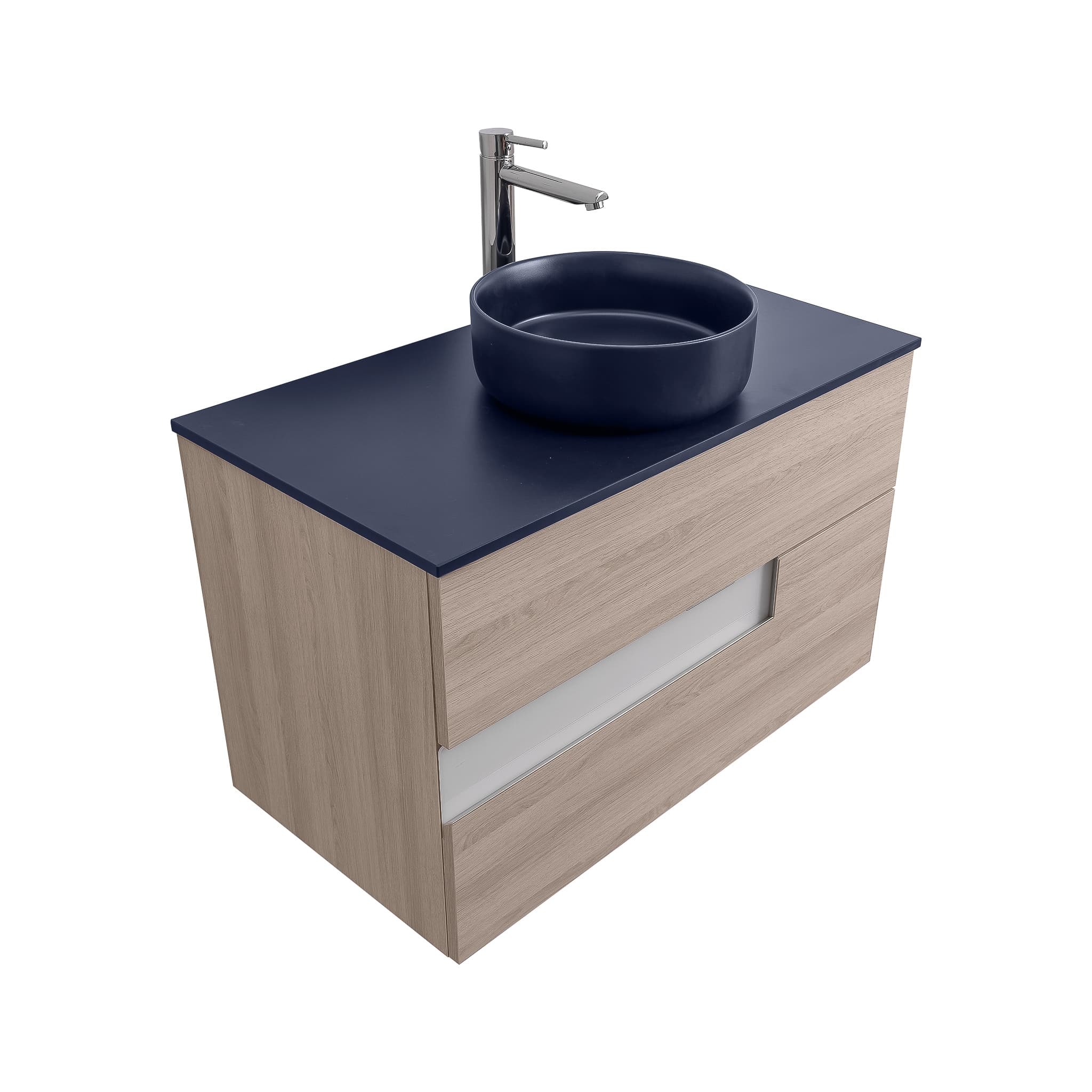 Vision 31.5 Natural Light Wood Cabinet, Ares Navy Blue Top And Ares Navy Blue Ceramic Basin, Wall Mounted Modern Vanity Set