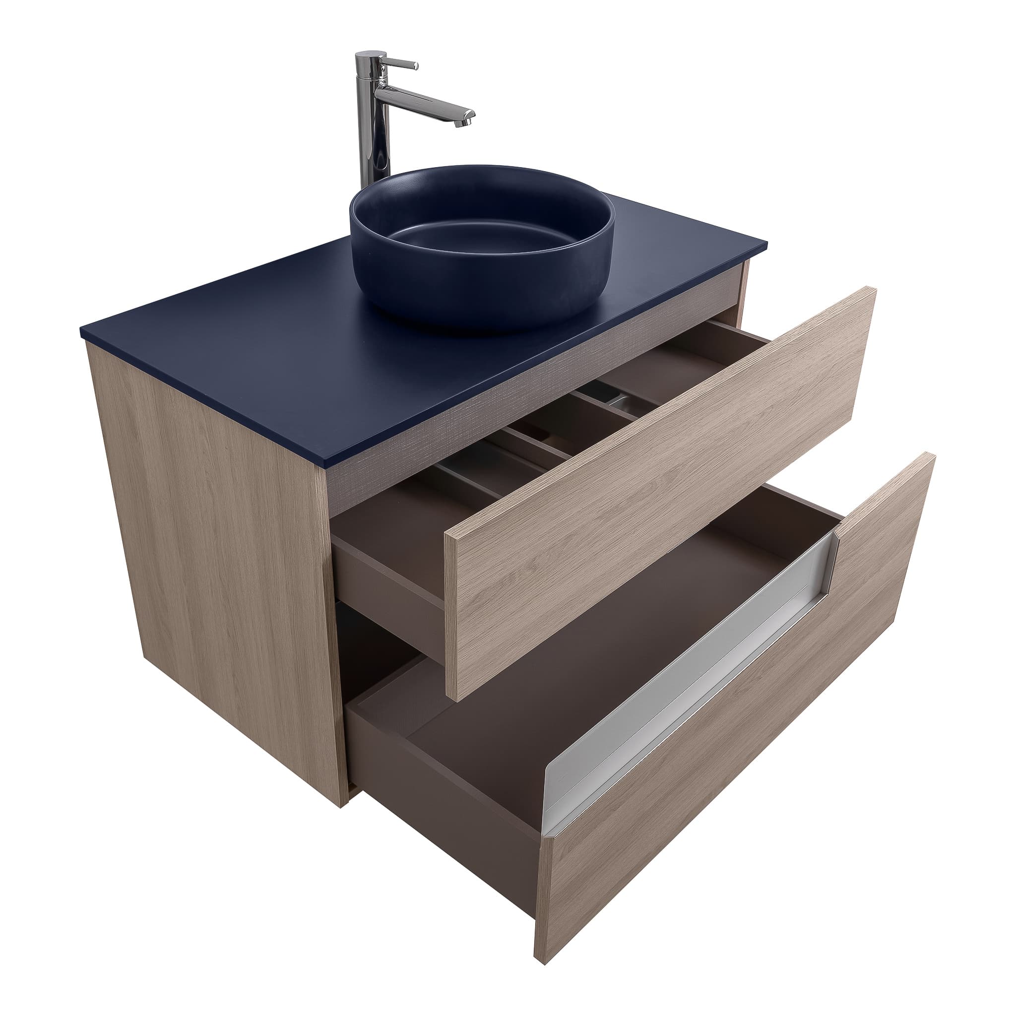 Vision 31.5 Natural Light Wood Cabinet, Ares Navy Blue Top And Ares Navy Blue Ceramic Basin, Wall Mounted Modern Vanity Set