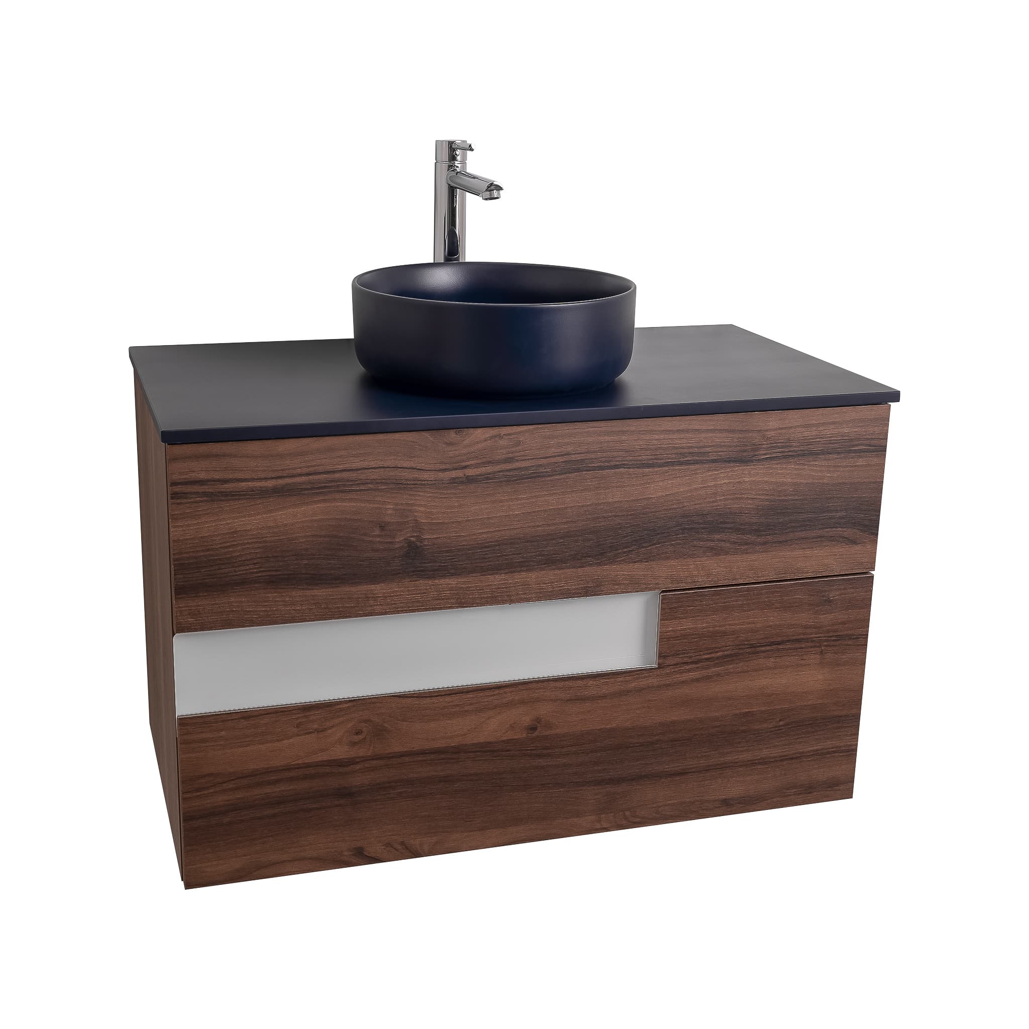 Vision 31.5 Valenti Medium Brown Wood Cabinet, Ares Navy Blue Top And Ares Navy Blue Ceramic Basin, Wall Mounted Modern Vanity Set