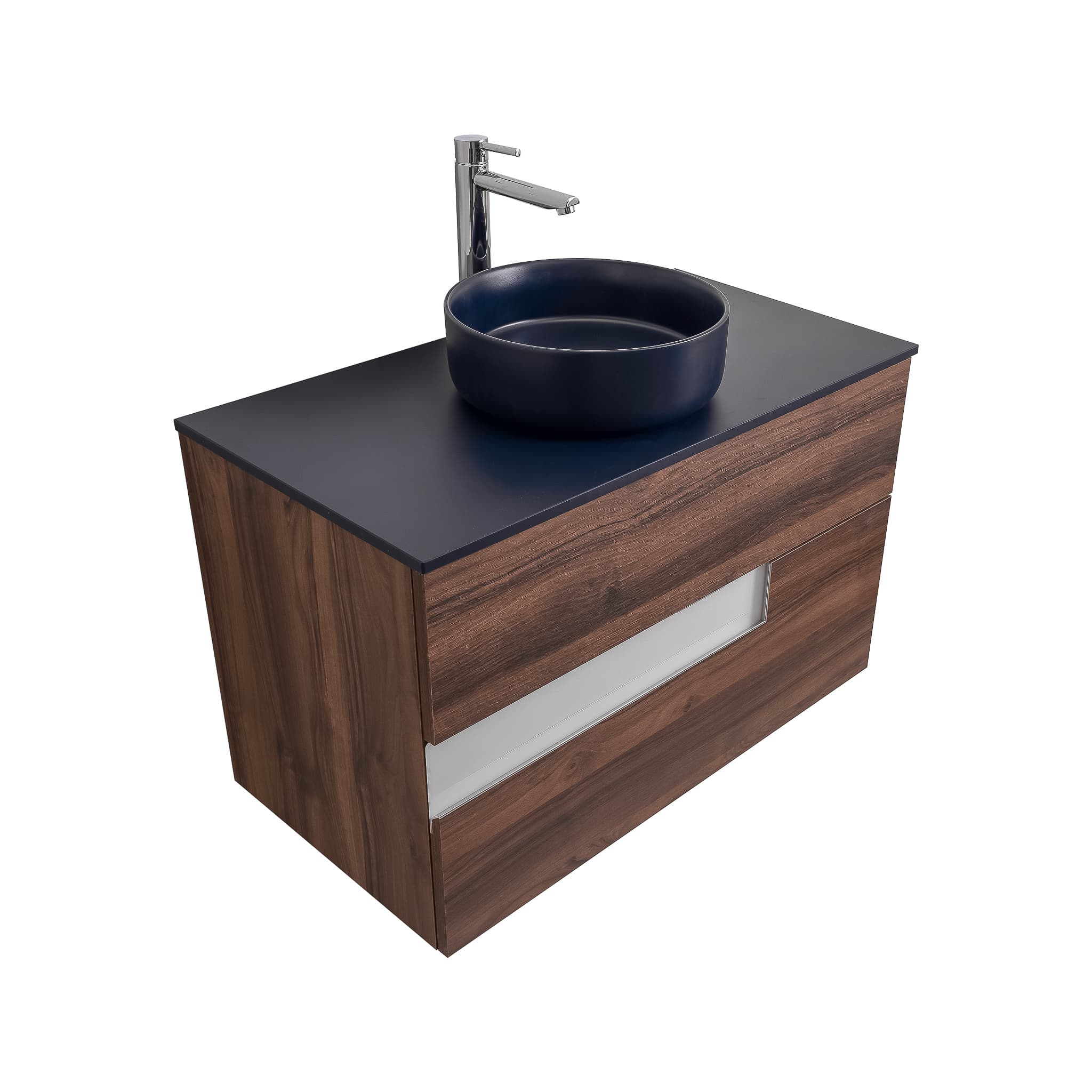 Vision 31.5 Valenti Medium Brown Wood Cabinet, Ares Navy Blue Top And Ares Navy Blue Ceramic Basin, Wall Mounted Modern Vanity Set