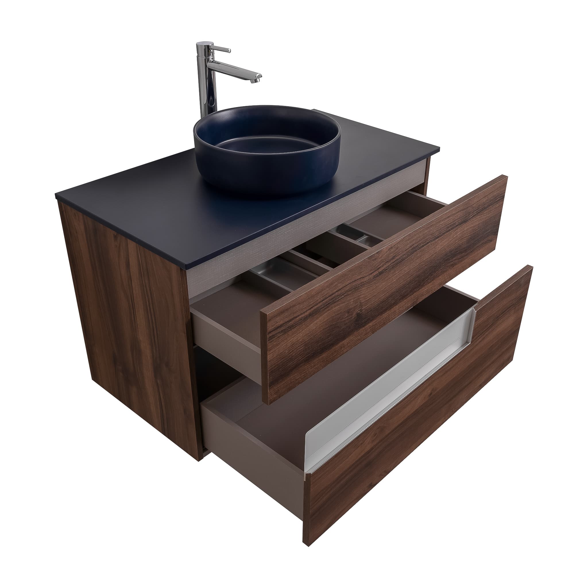 Vision 31.5 Valenti Medium Brown Wood Cabinet, Ares Navy Blue Top And Ares Navy Blue Ceramic Basin, Wall Mounted Modern Vanity Set