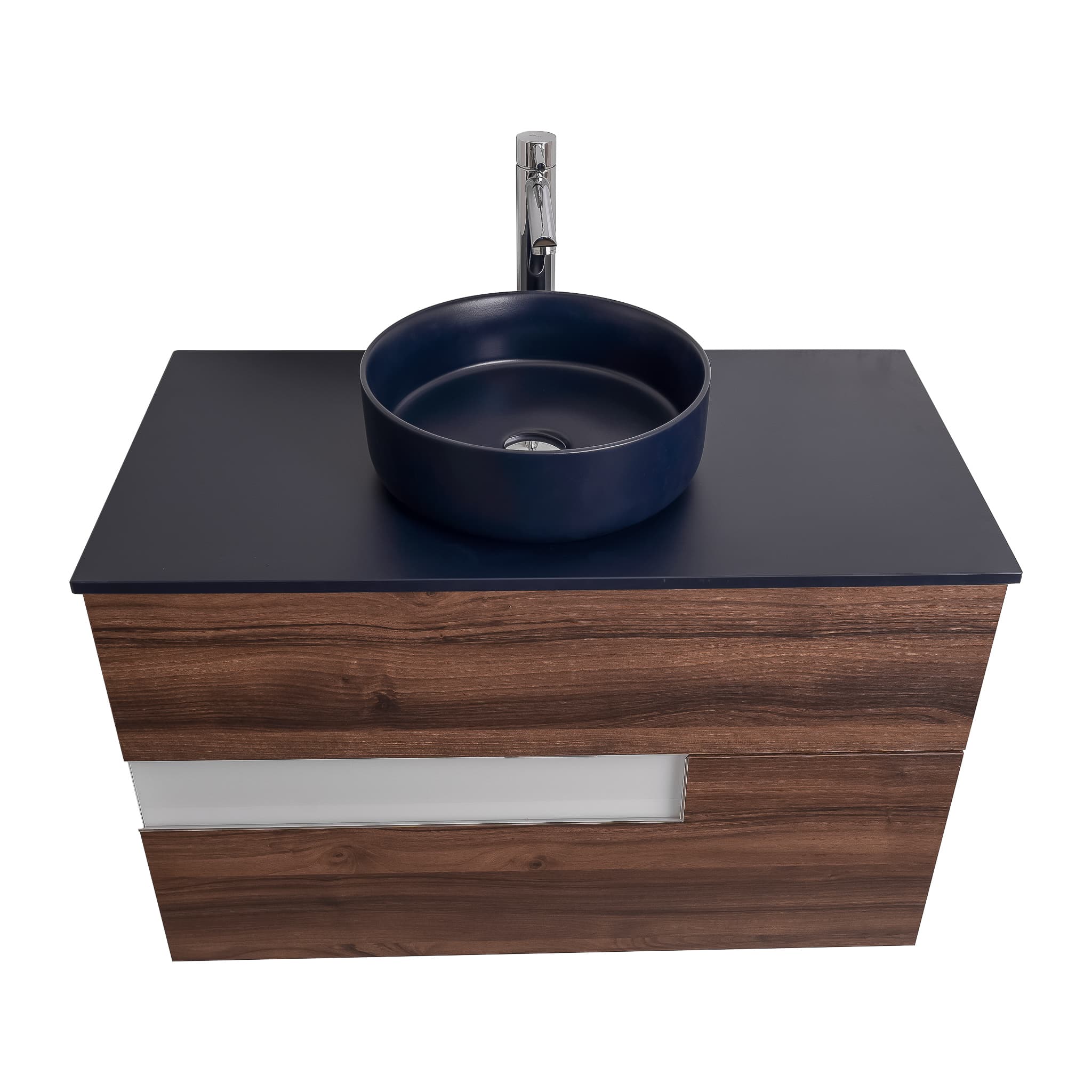 Vision 31.5 Valenti Medium Brown Wood Cabinet, Ares Navy Blue Top And Ares Navy Blue Ceramic Basin, Wall Mounted Modern Vanity Set